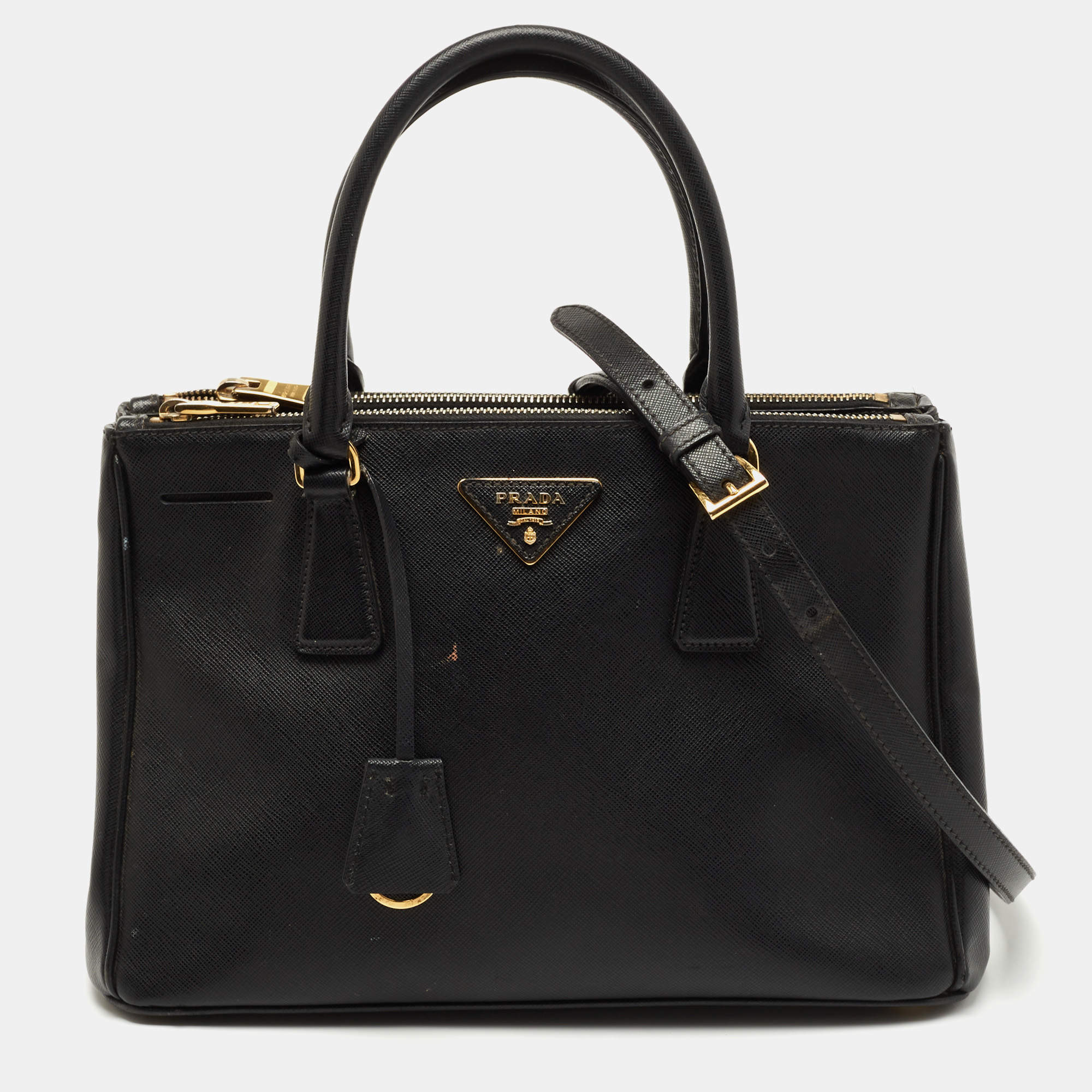 Pre Owned Prada Black Saffiano Lux Leather Small Galleria Double Zip Tote