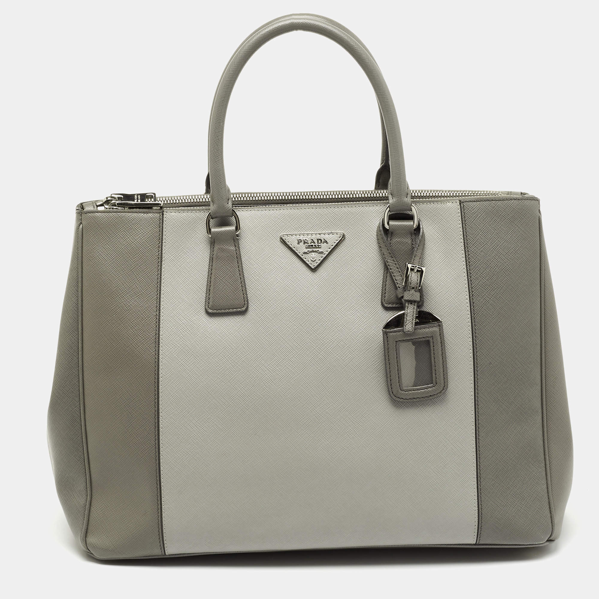 Pre Owned Prada Grey Two Tone Saffiano Lux Leather Large Double Zip Tote