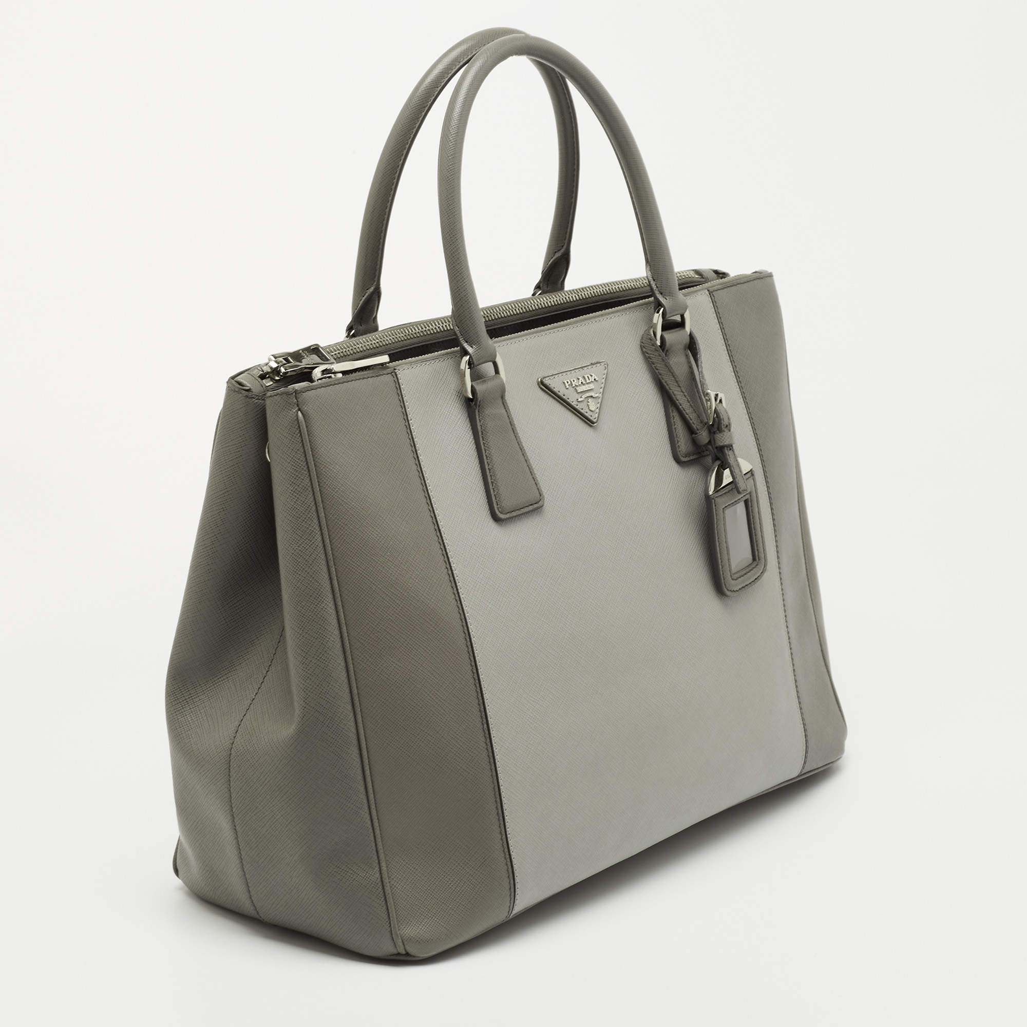 Prada Beige and Grey Bicolor Saffiano Medium Double Tote Bag