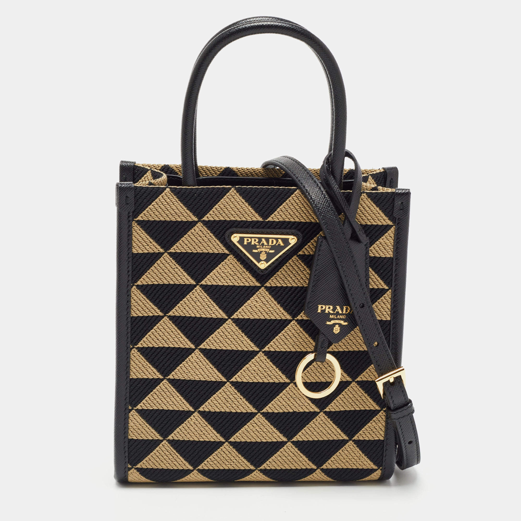 Prada Beige/Black Triangle Canvas and Leather Symbole Tote