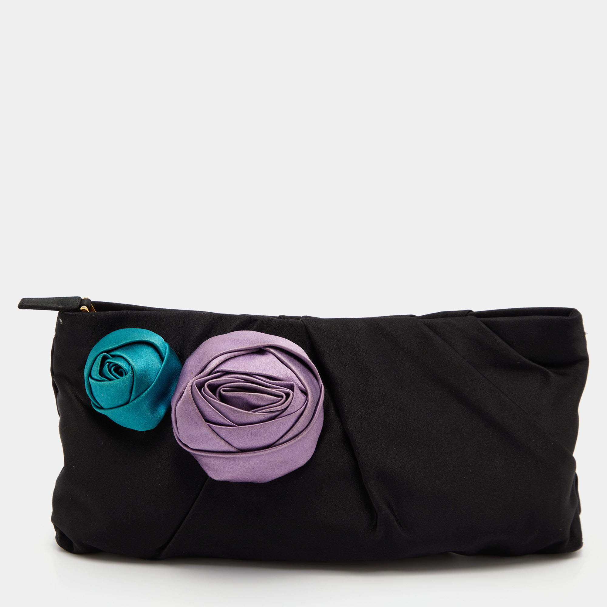 Pre Owned Prada Black Pleated Rosa Satin Petal Clutch