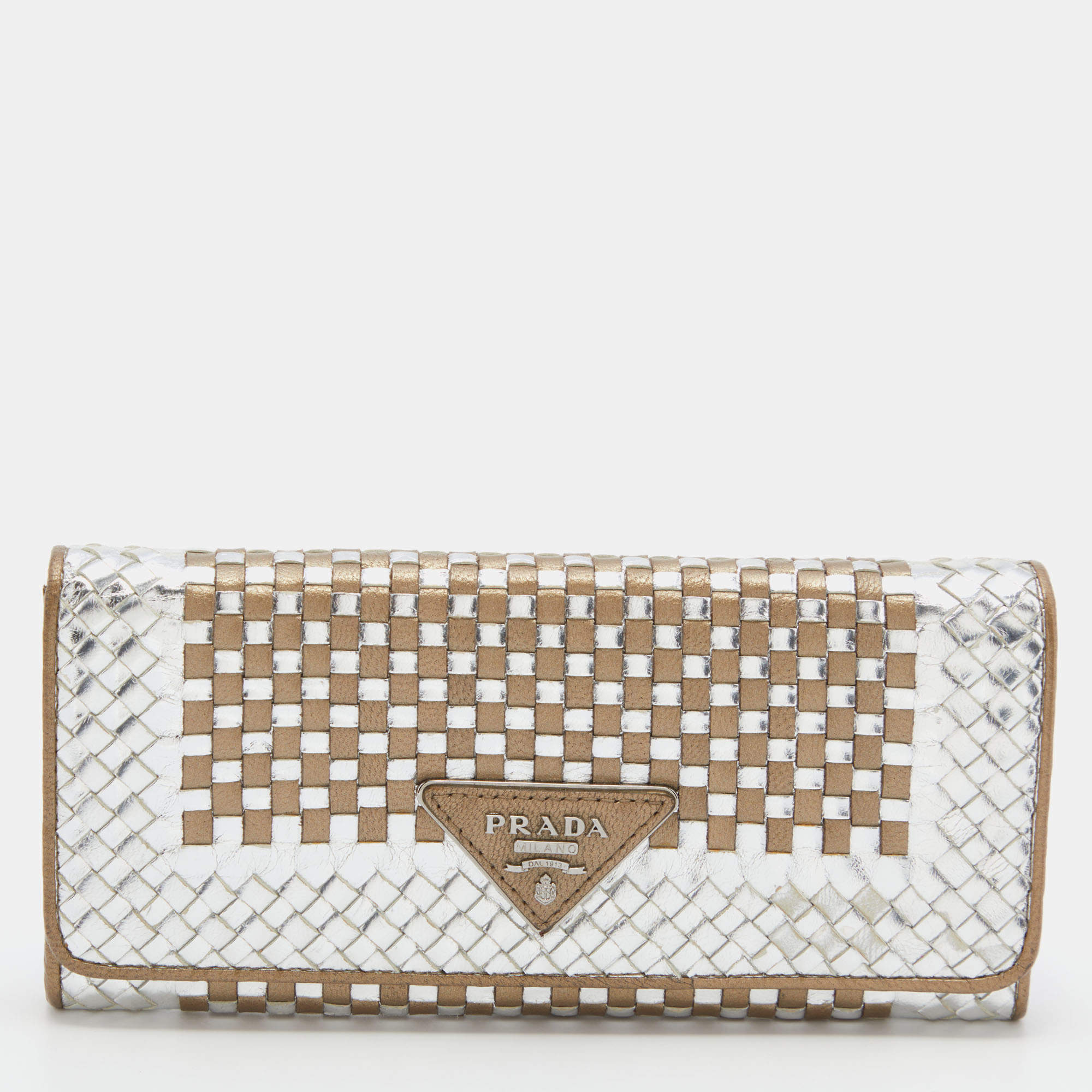 Prada Metallic Brown/Silver Woven Leather Flap Continental Wallet