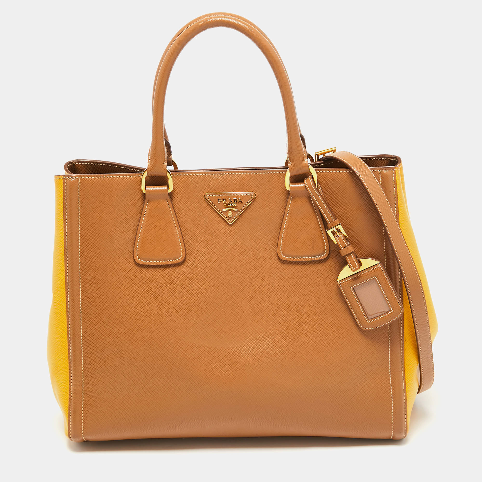 Prada Brown/Yellow Saffiano Leather Double Handle Open Tote Prada | TLC