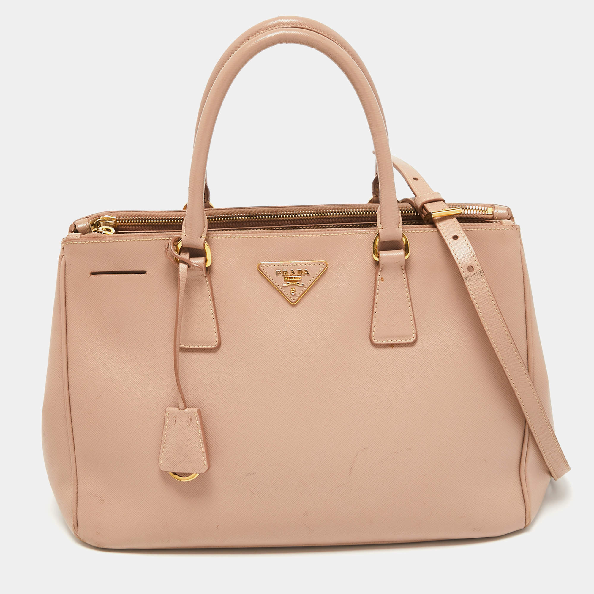 Prada Light Pink Saffiano Lux Leather Medium Double Zip Tote