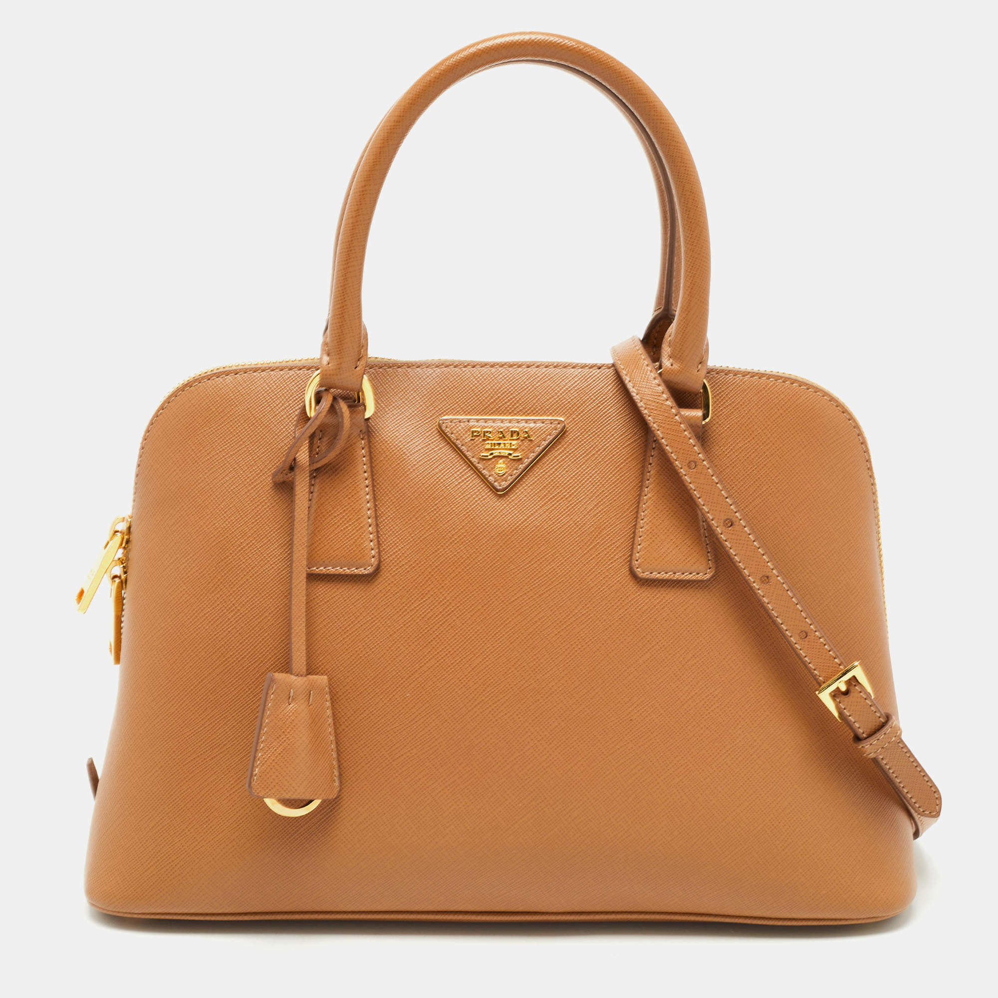 Pre Owned Prada Tan Saffiano Lux Leather Medium Promenade Satchel