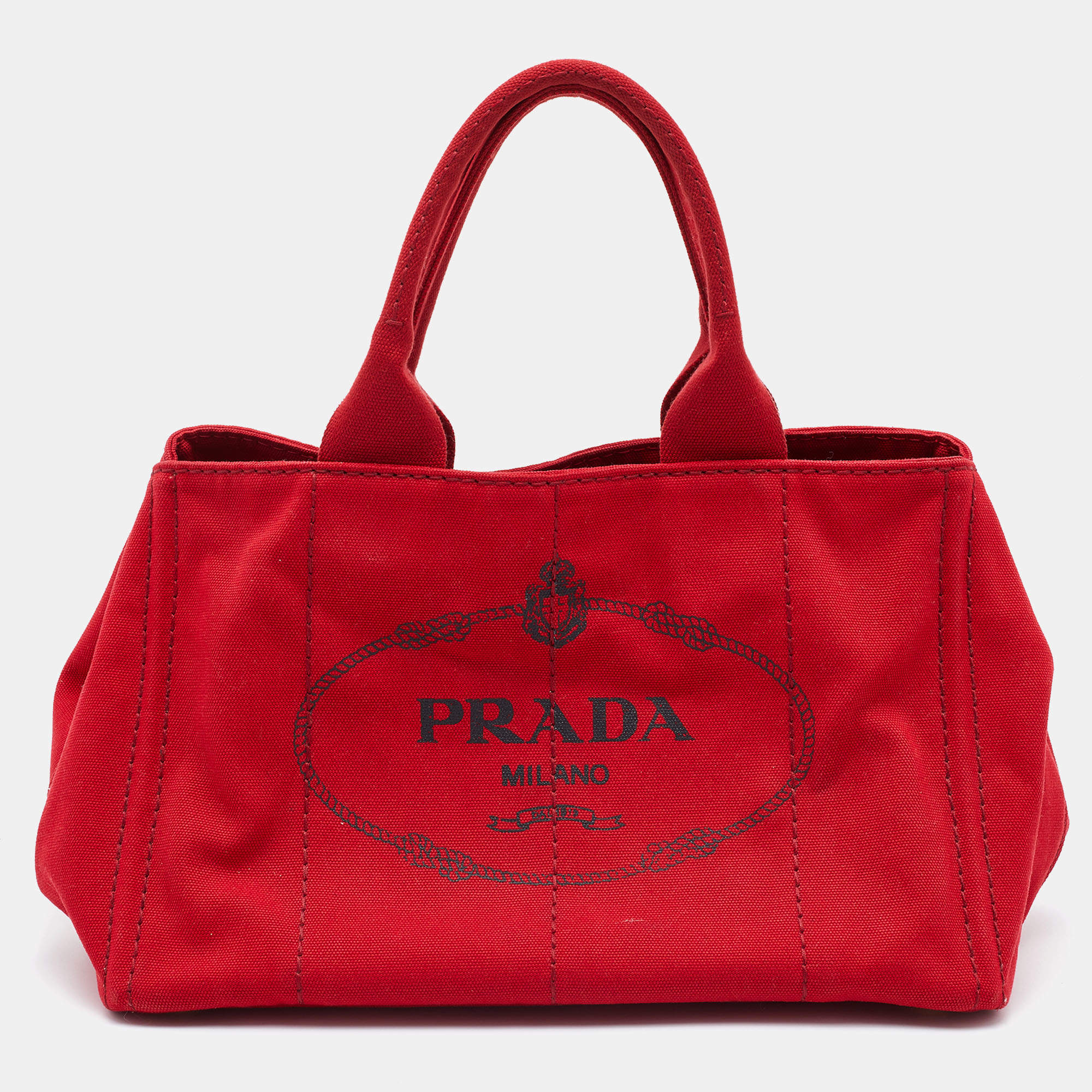 Prada Red Canapa Canvas Logo Print Shopper Tote