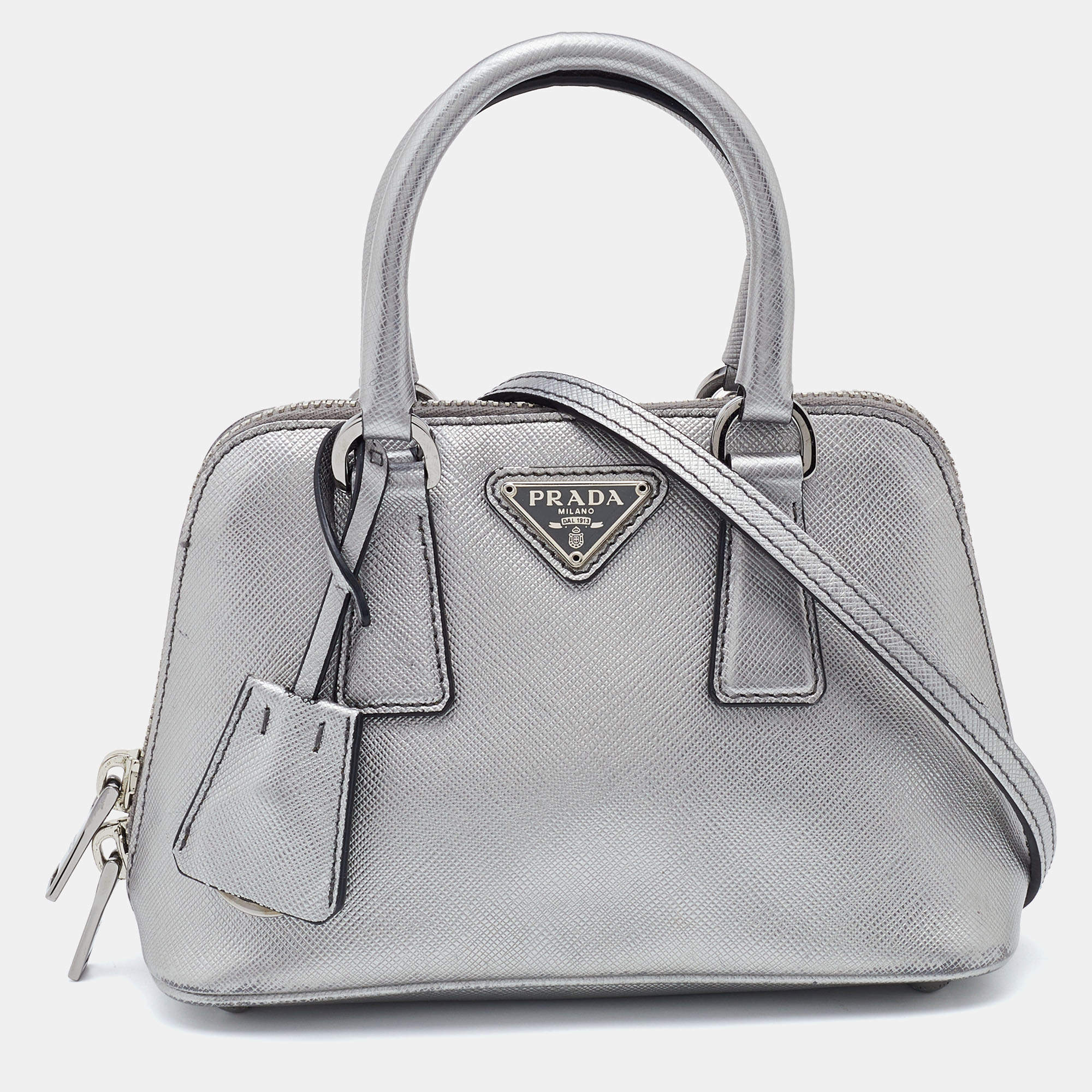 Prada Saffiano Lux Mini Promenade Bag In Cromo-silver