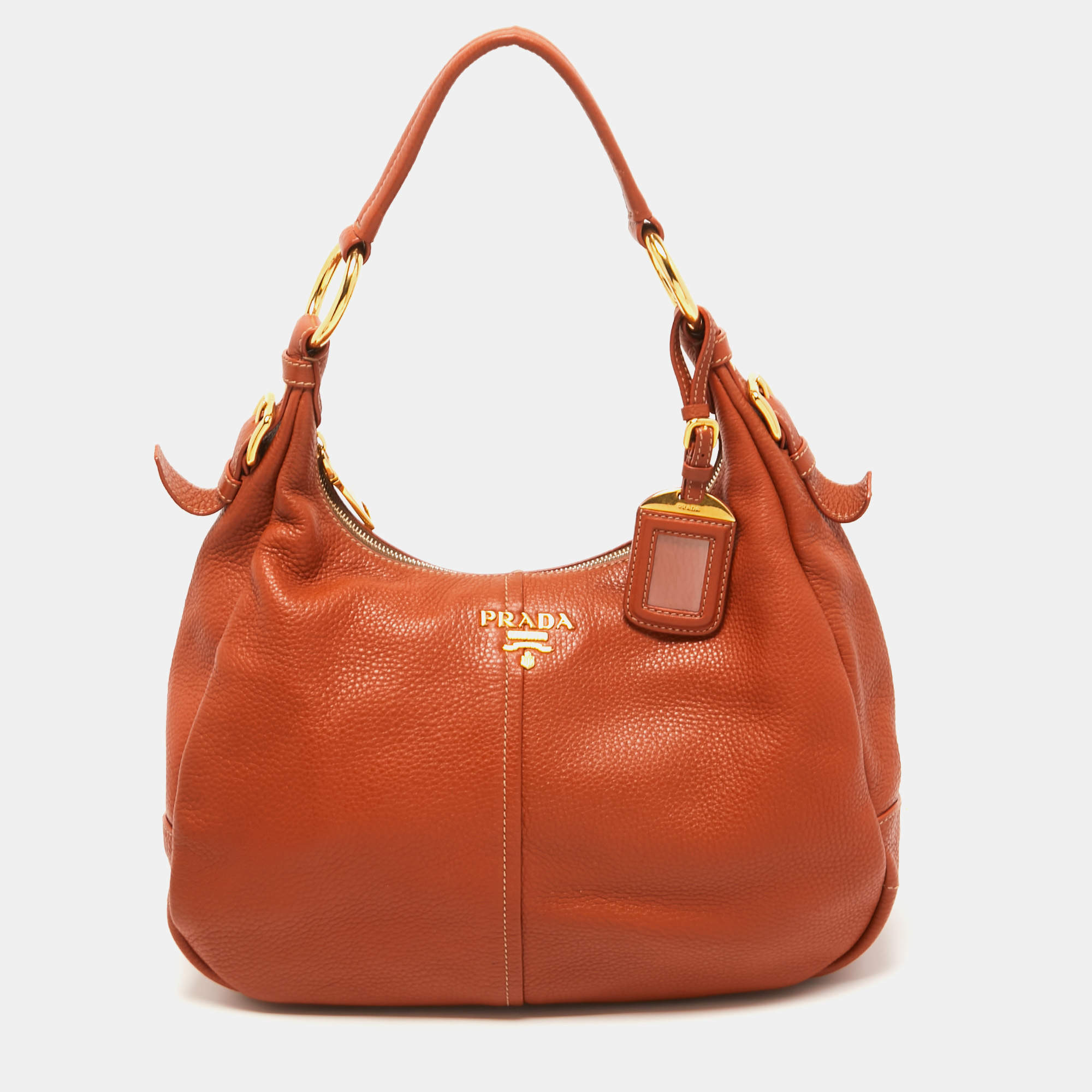 Pre Owned Prada Brown Vitello Daino Leather Zip Hobo