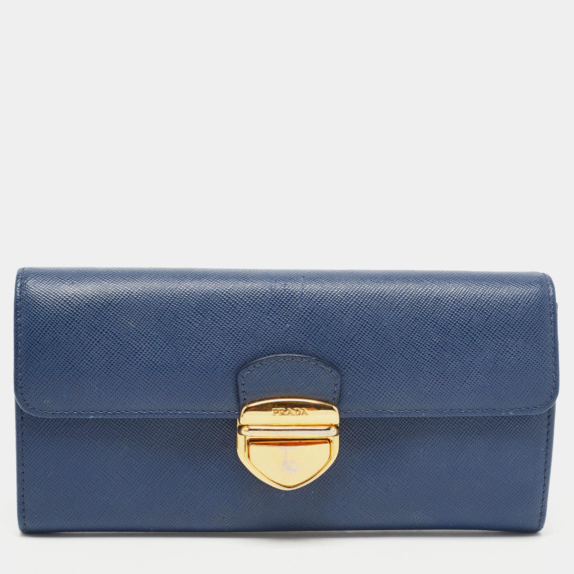 Prada Blue Saffiano Leather Push Lock Wallet