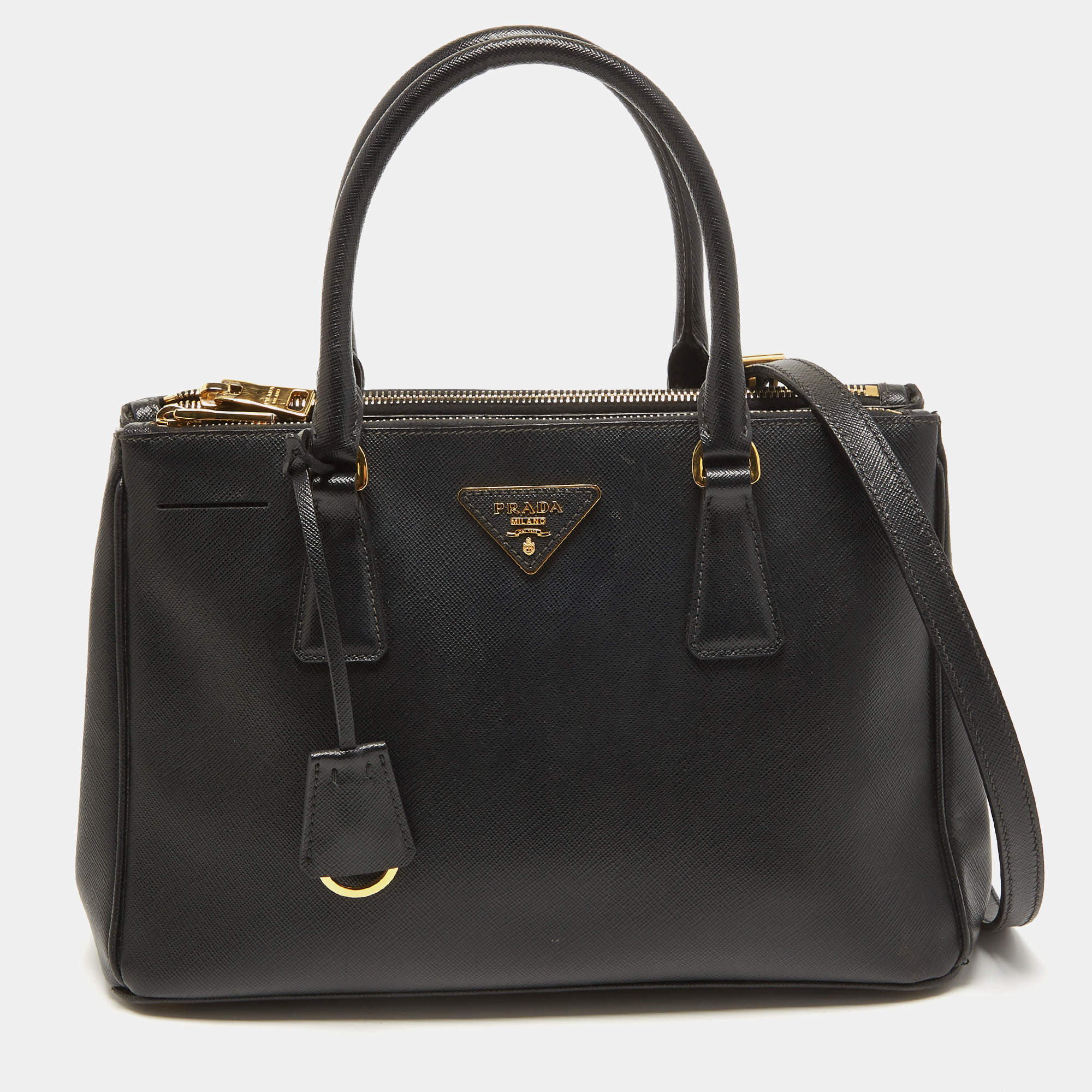 Pre Owned Prada Black Saffiano Leather Small Double Zip Tote