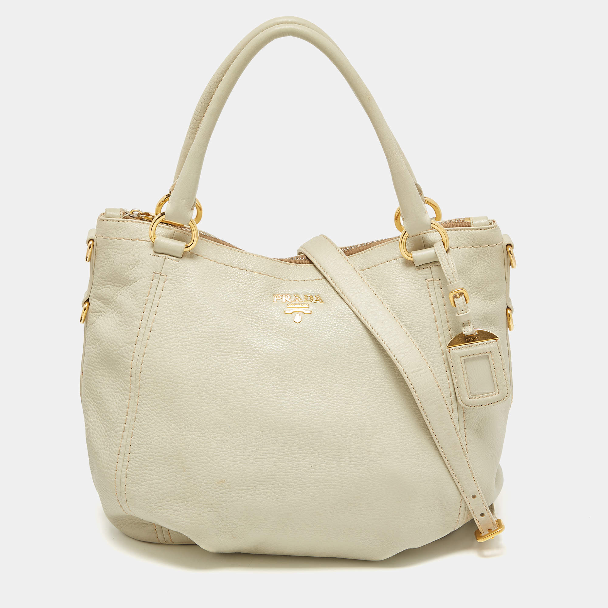 Prada Off White Vitello Daino Leather Zip Hobo