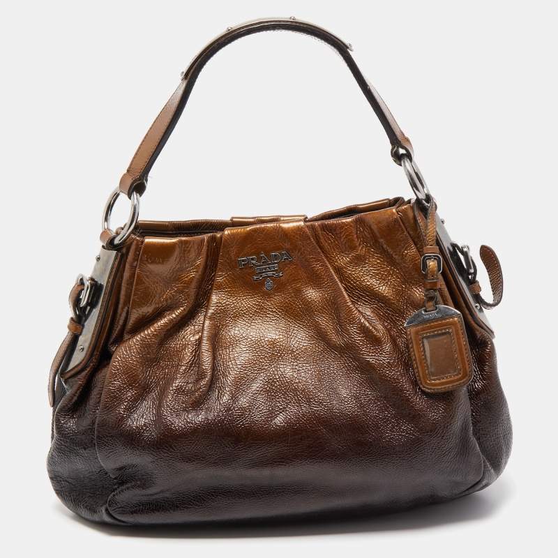 Pre Owned Prada Two Tone Brown Ombre Laminated Leather Hobo
