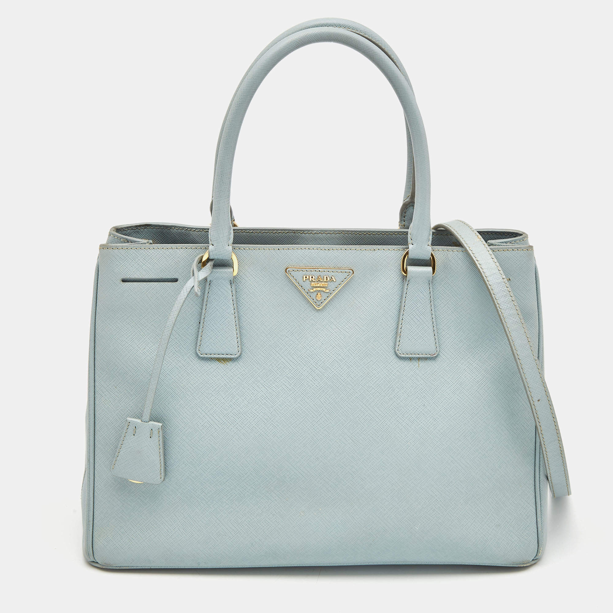 Pre Owned Prada Light Blue Saffiano Leather Middle Zip Tote