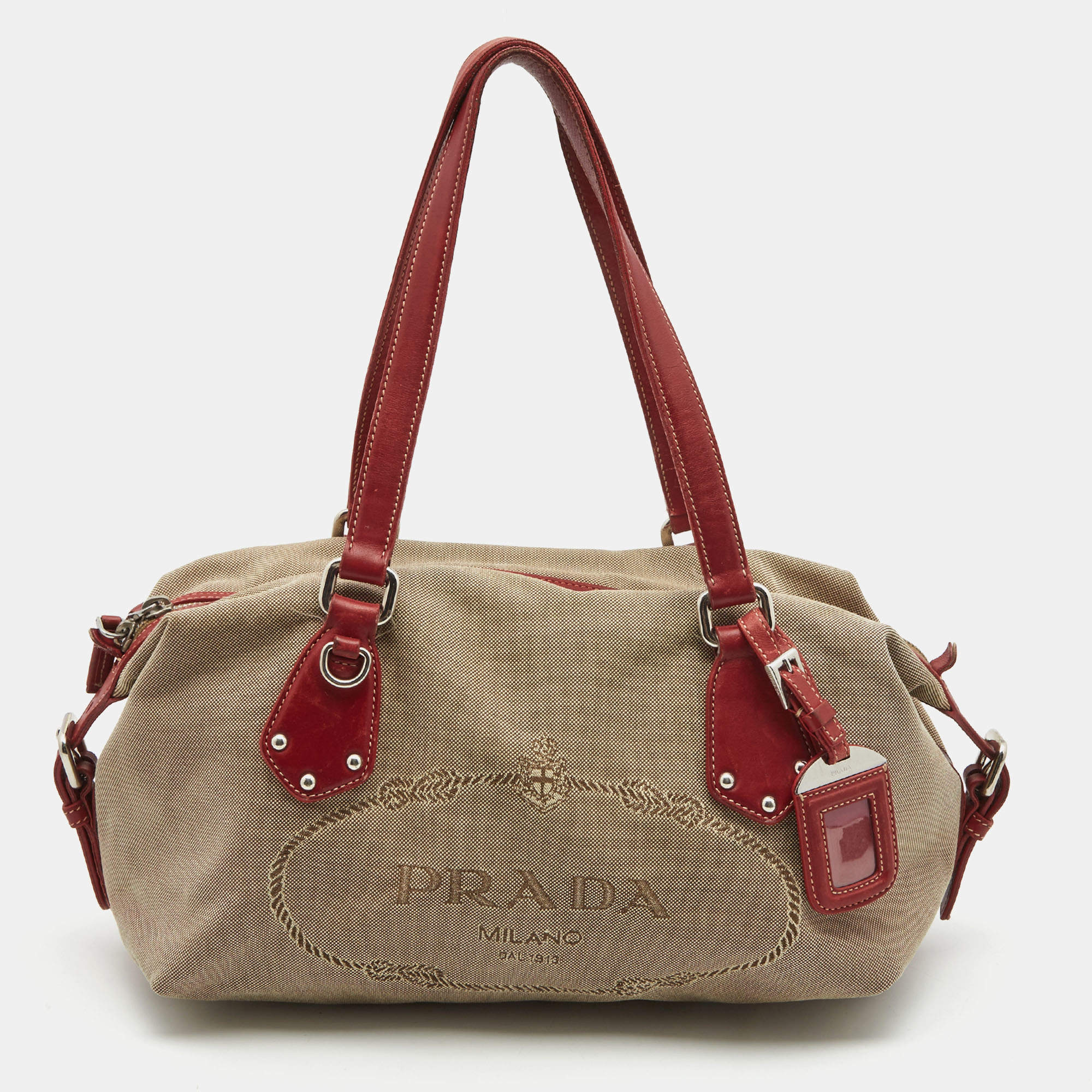 Prada Beige/Red Jacquard Logo Canvas Shoulder Bag Prada | TLC