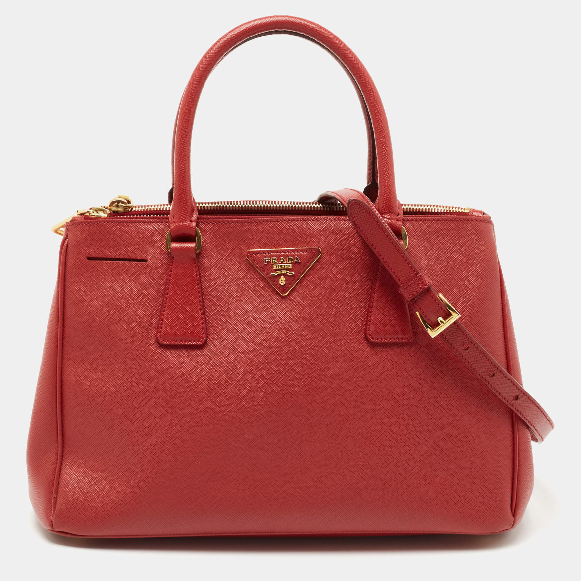 Pre Owned Prada Red Saffiano Leather Small Double Zip Tote