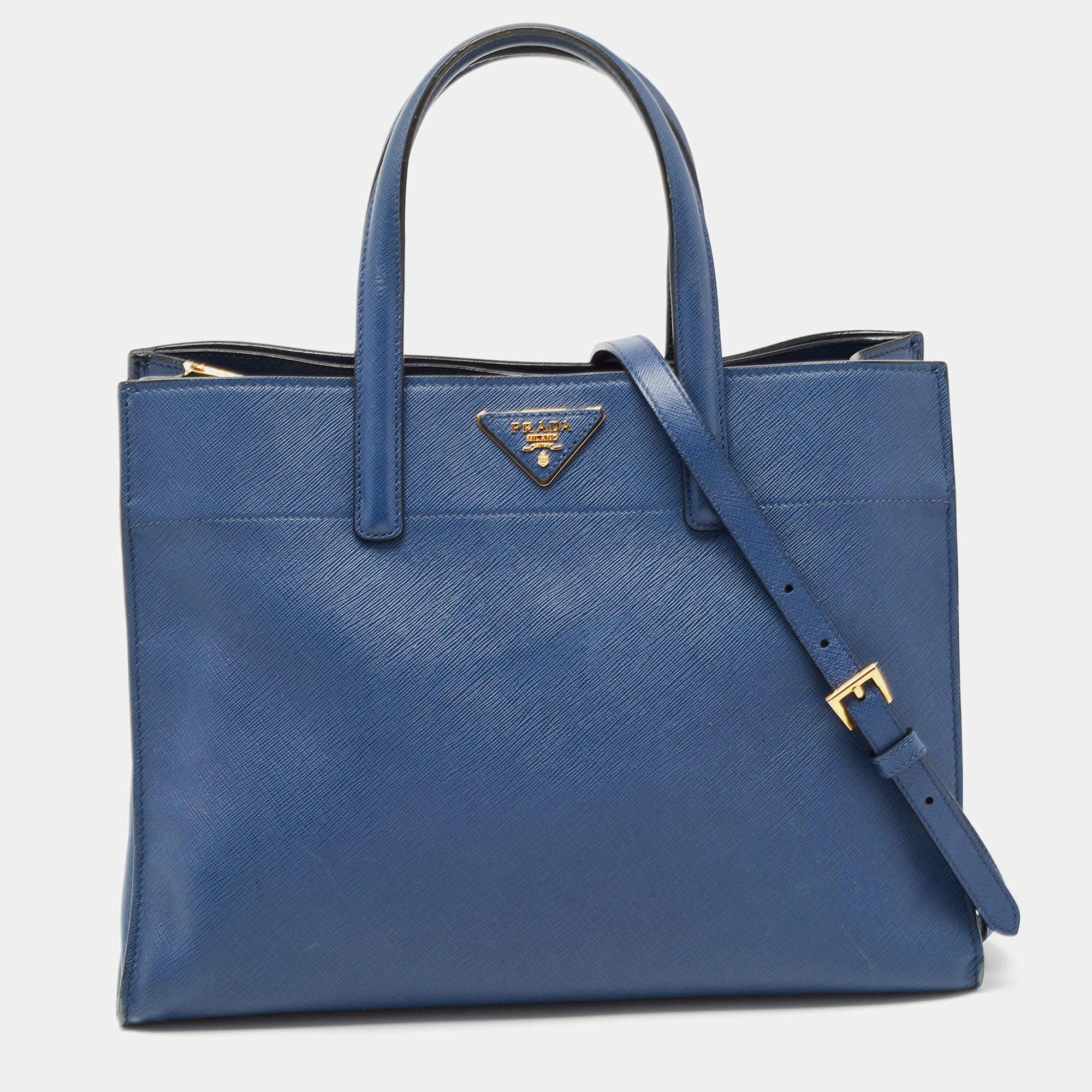 Pre Owned Prada Blue Saffiano Leather Triple Pocket Convertible Tote