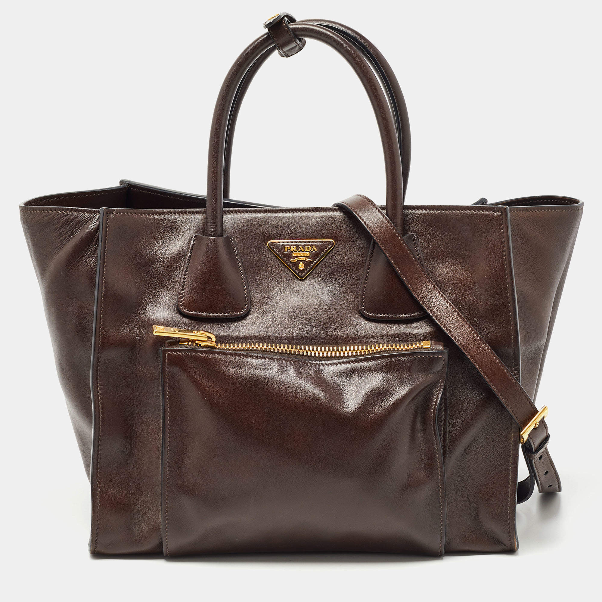 Pre Owned Prada Brown Leather Front Pocket Convertible Tote