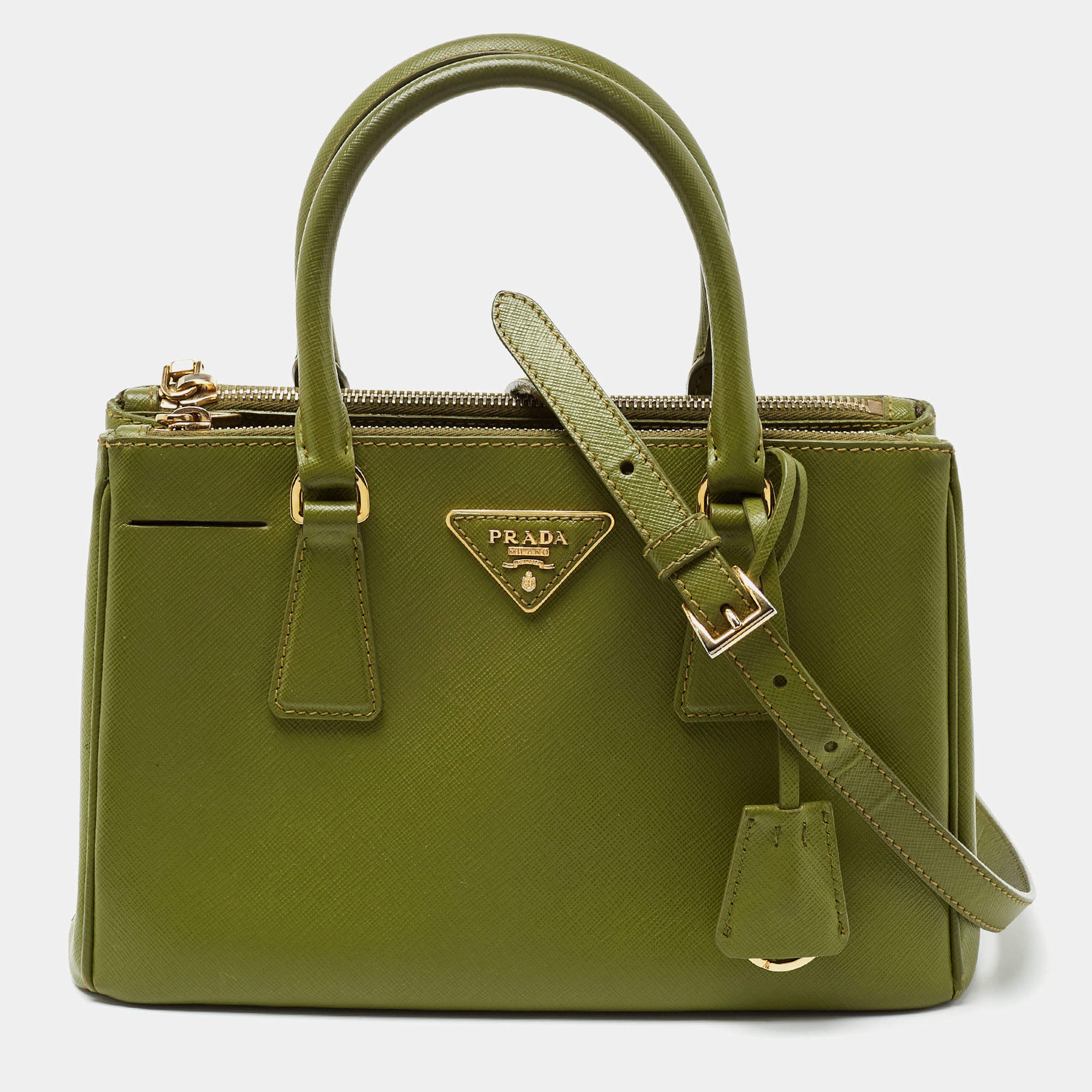 Pre Owned Prada Green Saffiano Lux Leather Small Double Zip Tote