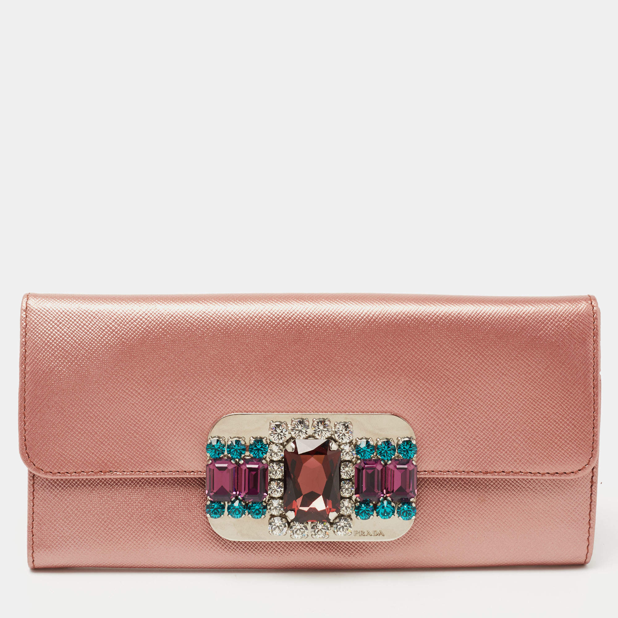 Pre Owned Prada Metallic Pink Leather Crystal Embellished Continental Wallet