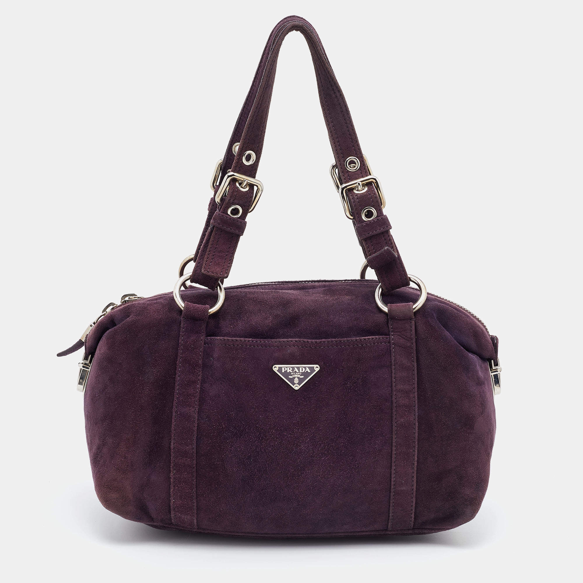 Pre Owned Prada Purple Suede Pushlock Satchel