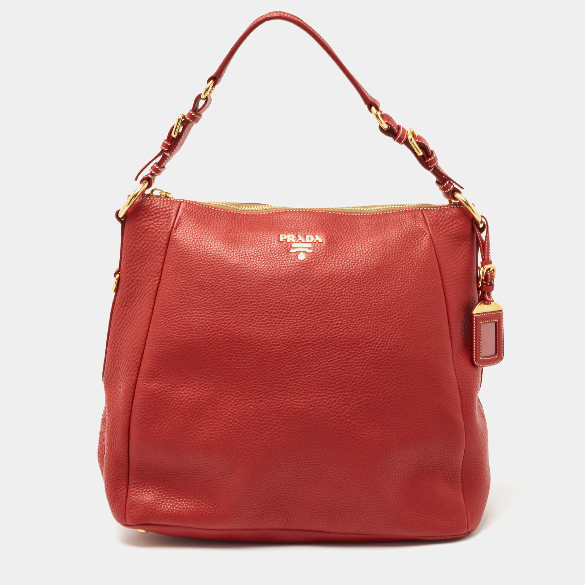 Prada Red Vitello Daino Leather Zip Hobo
