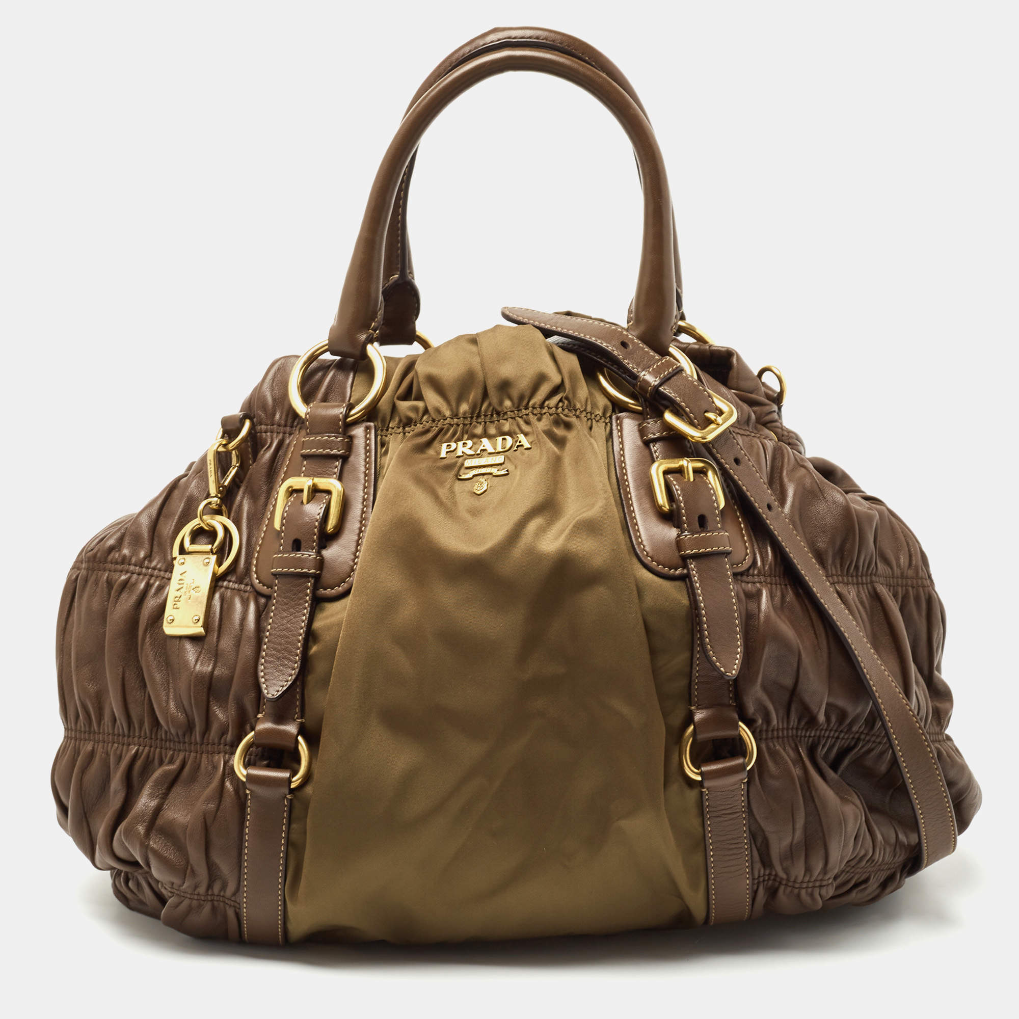 Pre Owned Prada Brown/Olive Green Gaufre Leather and Nylon Tote