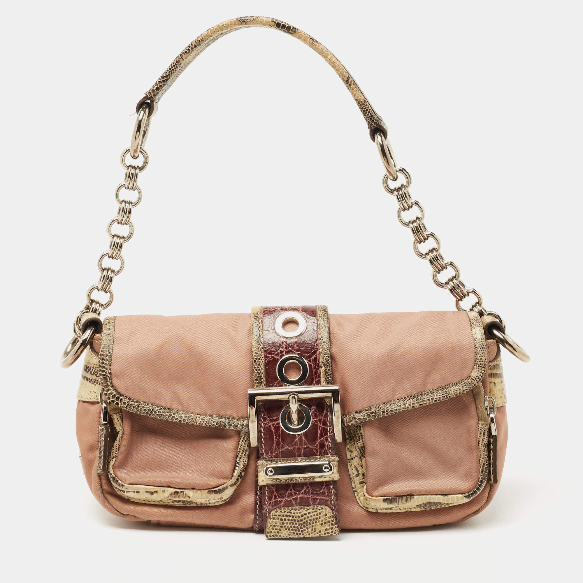 Prada Multicolor Nylon and Exotic Buckle Shoulder Bag