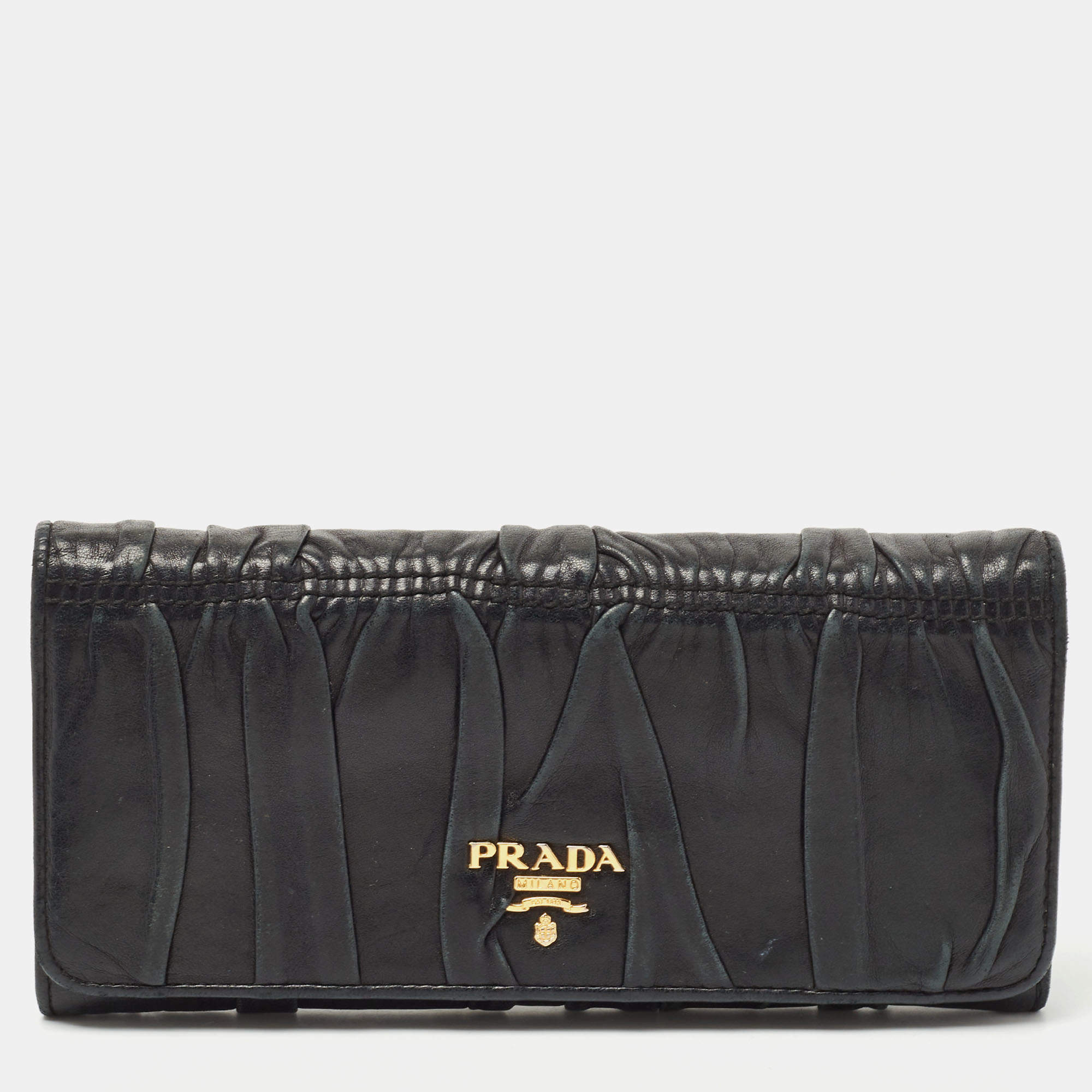 Pre Owned Prada Black Gaufre Leather Continental Wallet