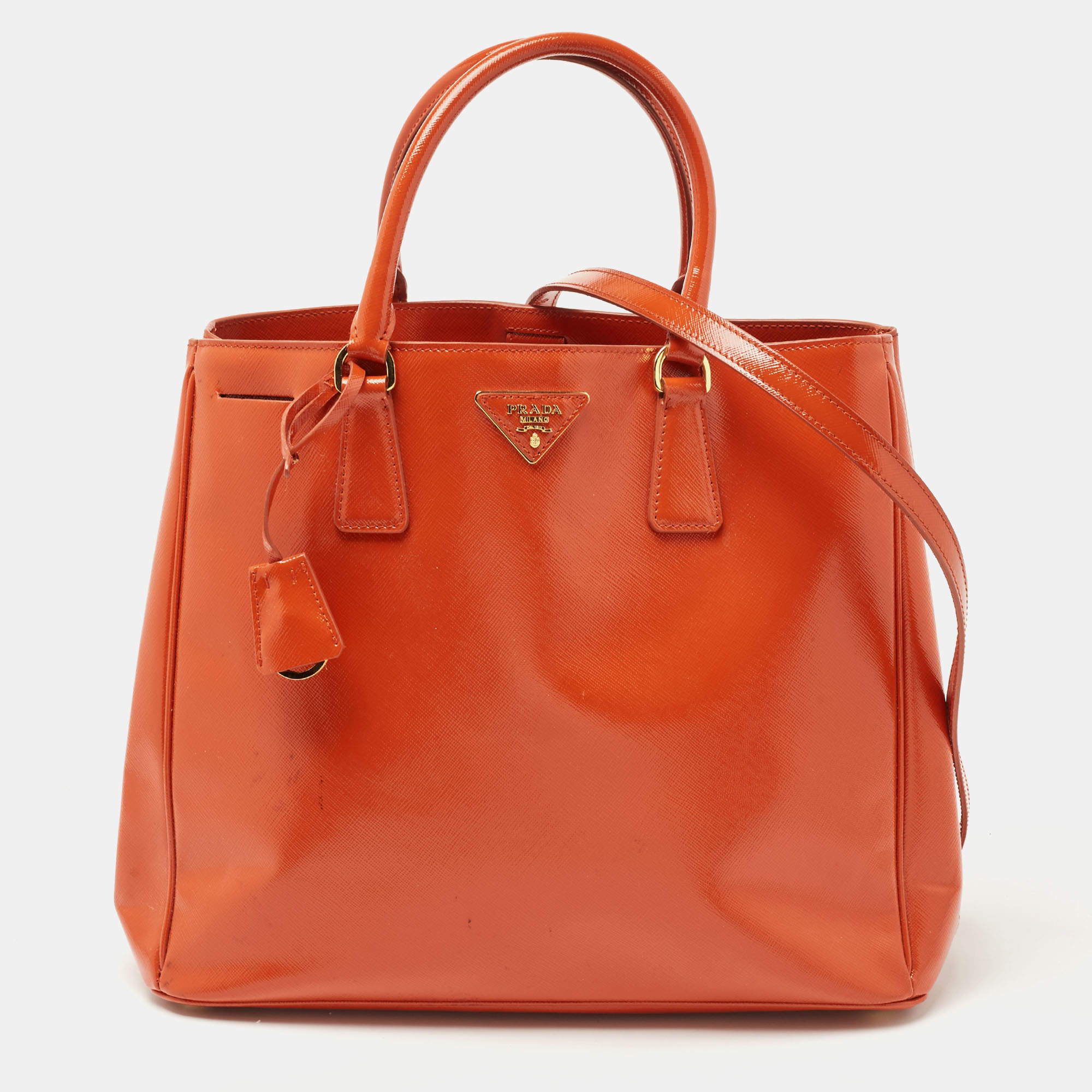 Pre Owned Prada Orange Saffiano Patent Leather Gardener's Tote