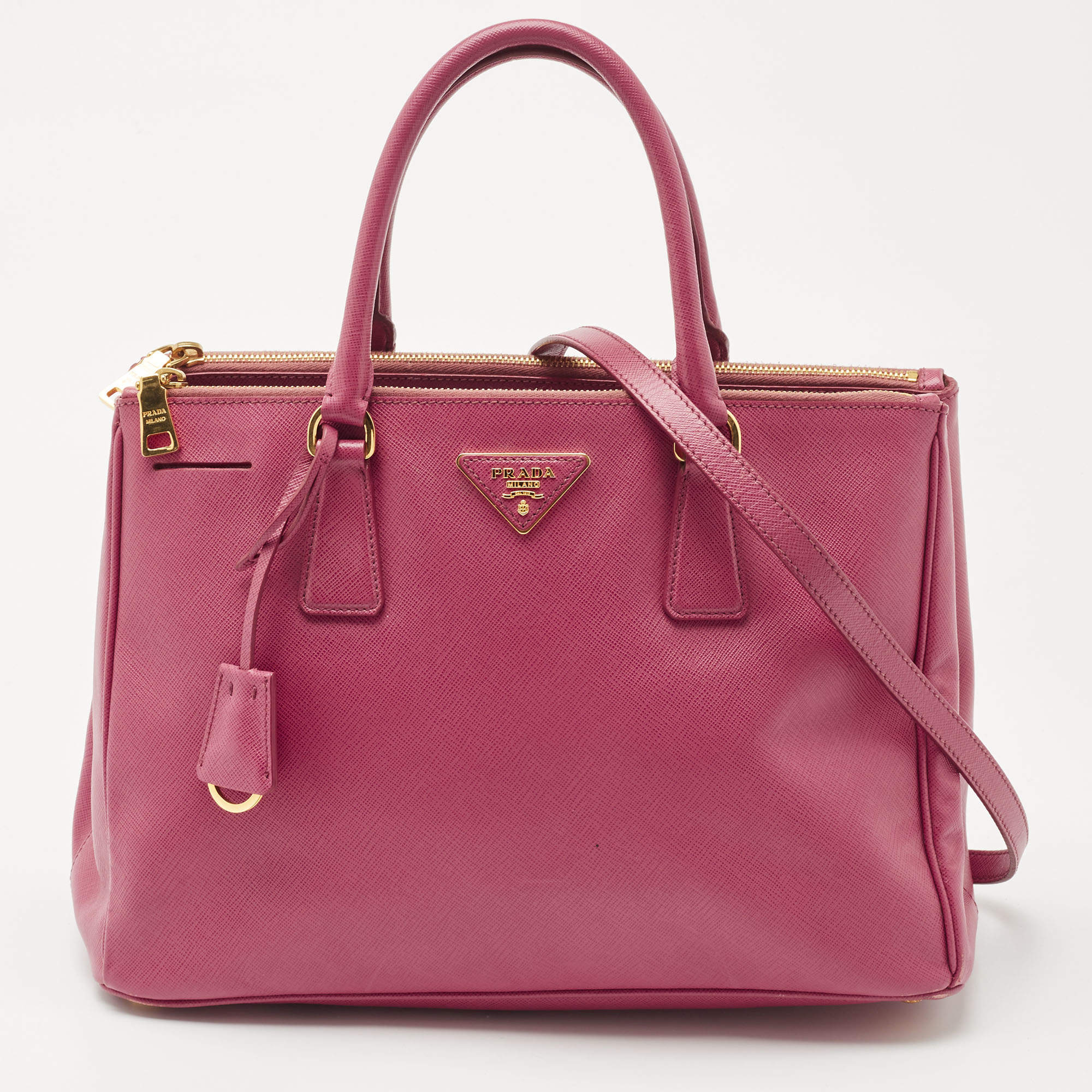 Pre Owned Prada Pink Saffiano Lux Leather Medium Double Zip Tote