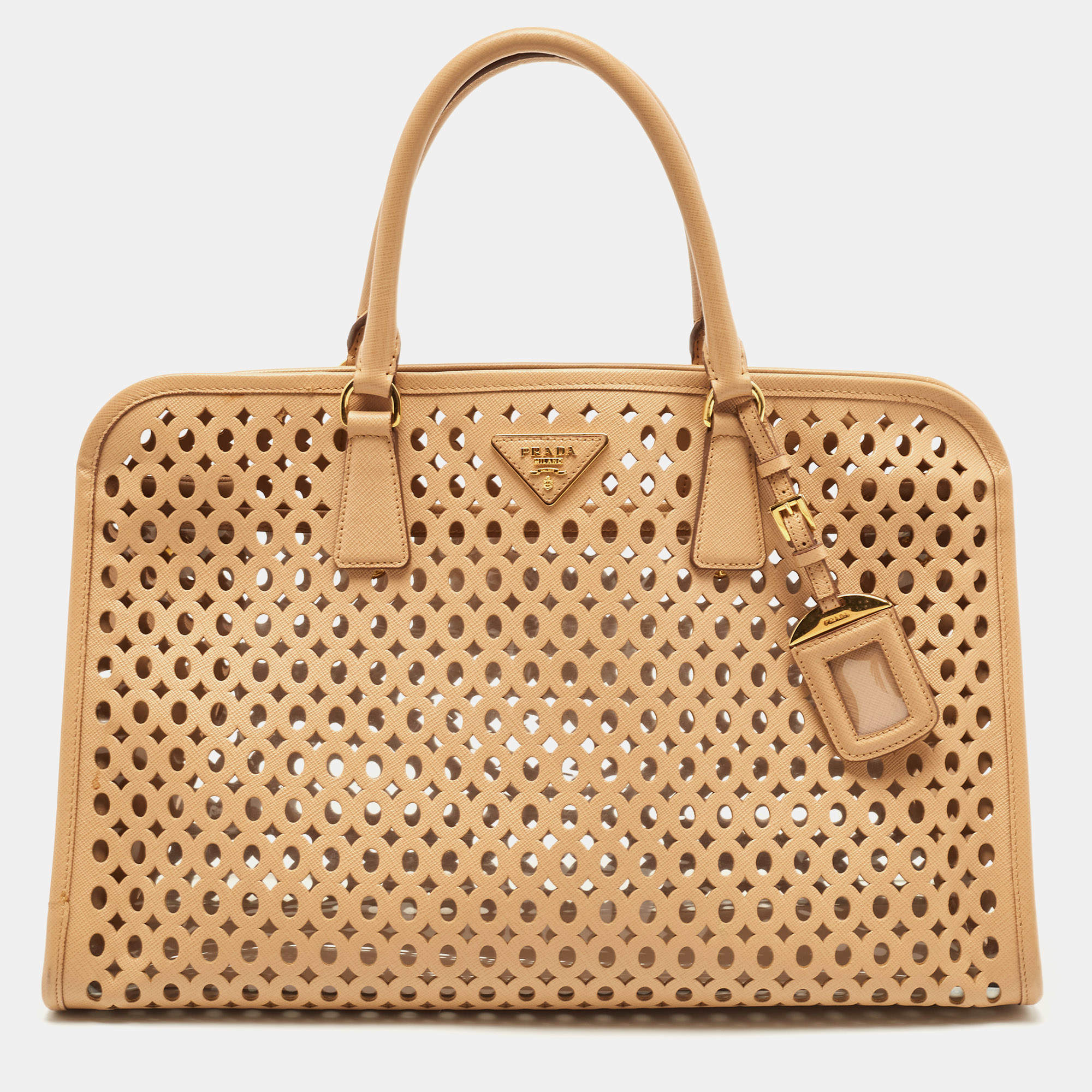 Pre Owned Prada Beige Saffiano Lux Leather Perforated Satchel