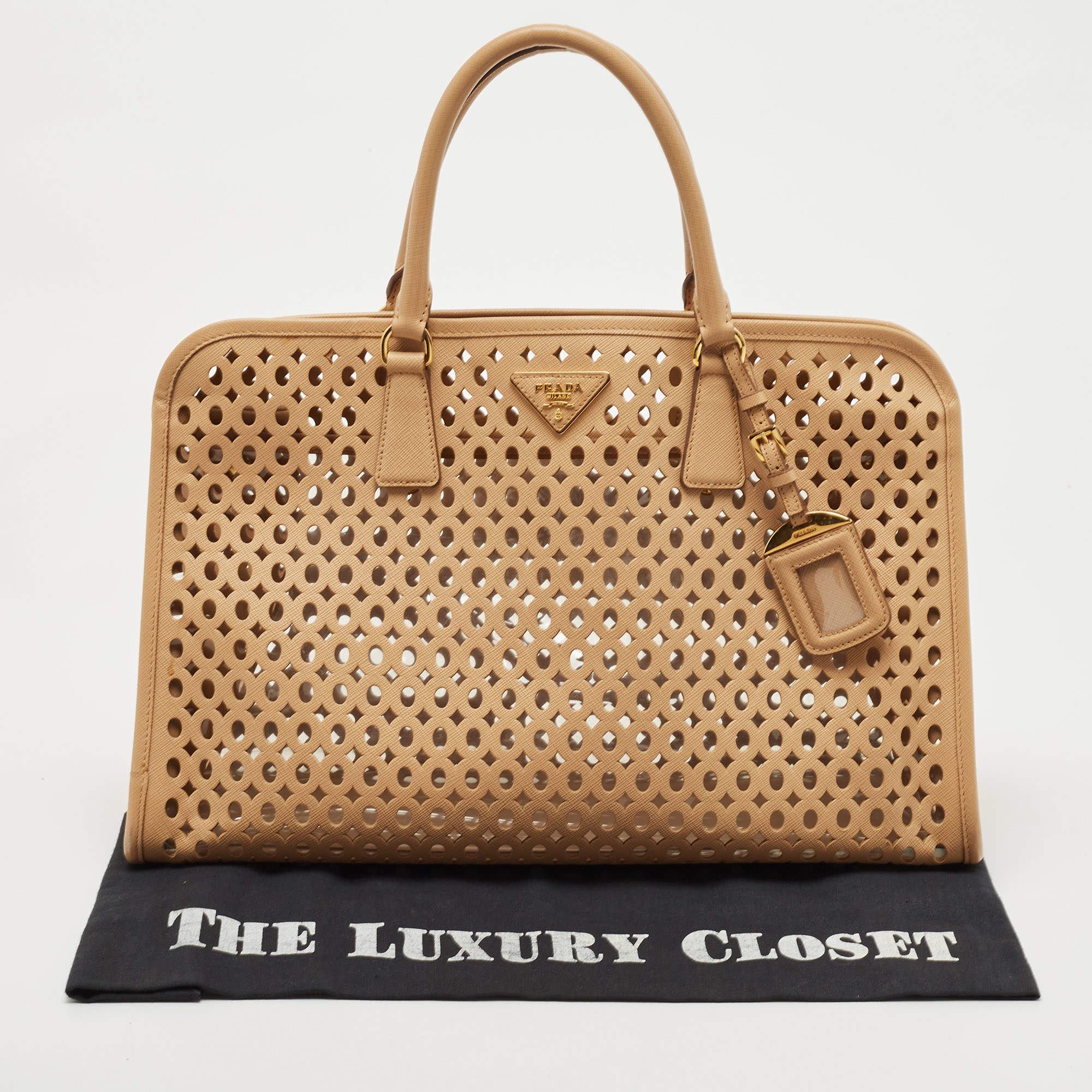 Prada Beige Saffiano Lux Leather Perforated Satchel Prada | The Luxury  Closet