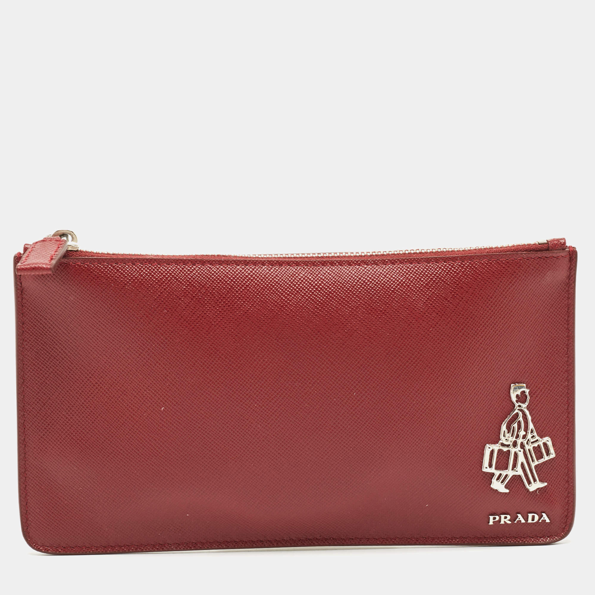 Pre Owned Prada Brown Saffiano Lux Leather Wristlet Pouch