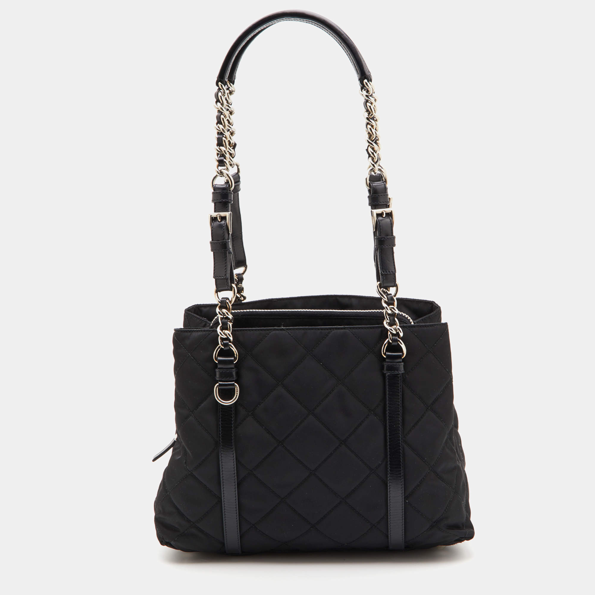 Prada Black Quilted Nylon and Leather Chain Tote