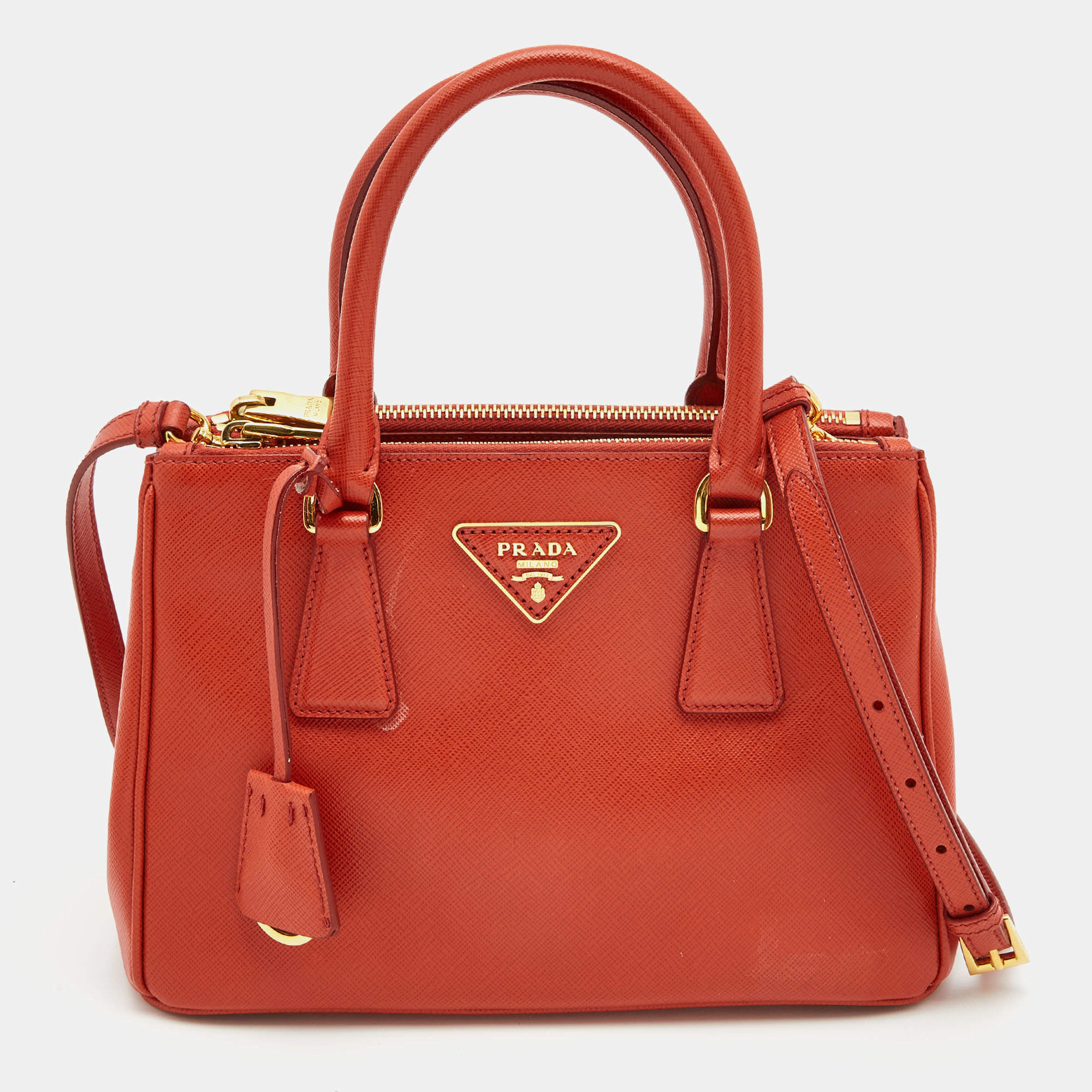 Pre Owned Prada Red Saffiano Lux Leather Mini Double Zip Tote