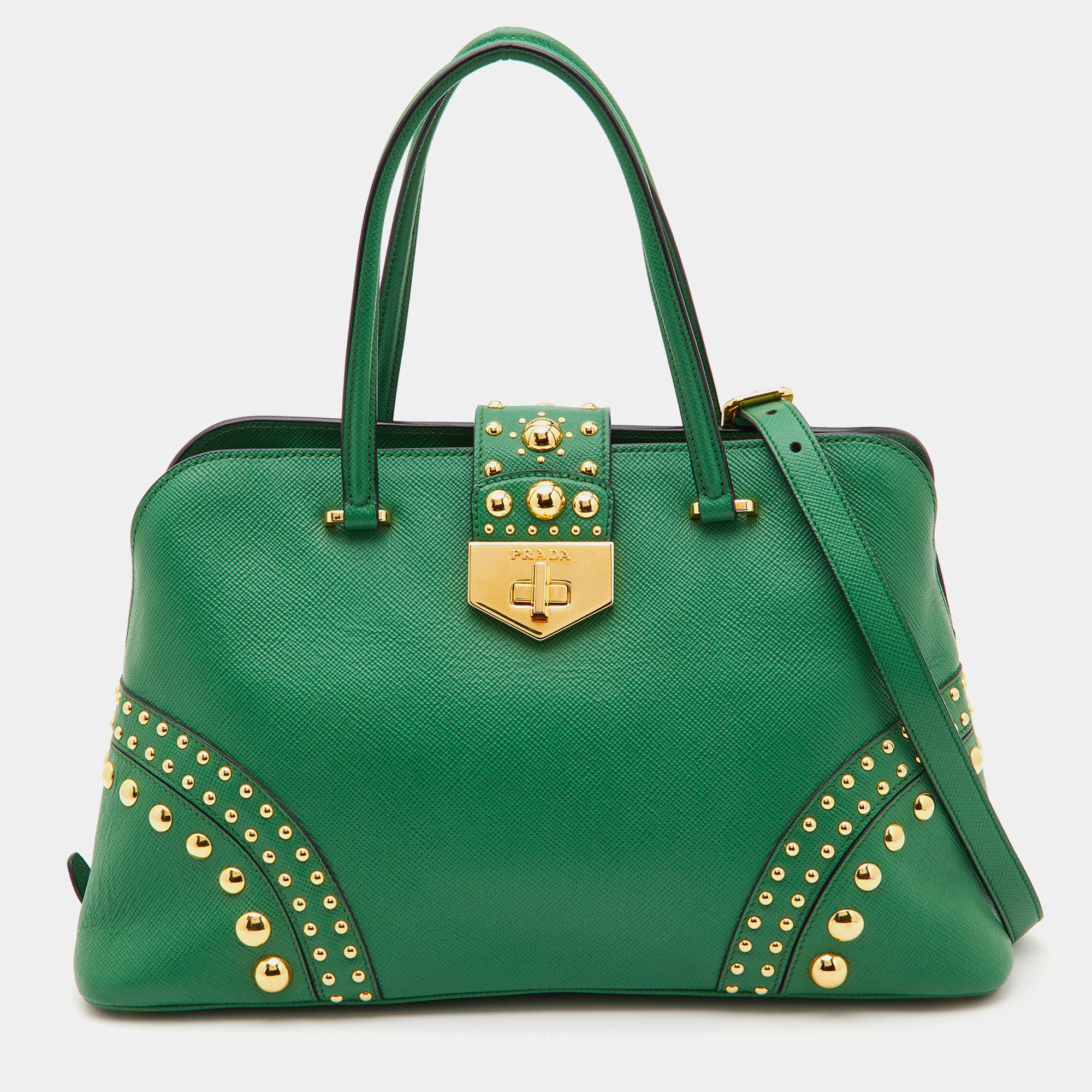 Pre Owned Prada Green Saffiano Leather Promenade Studded Satchel