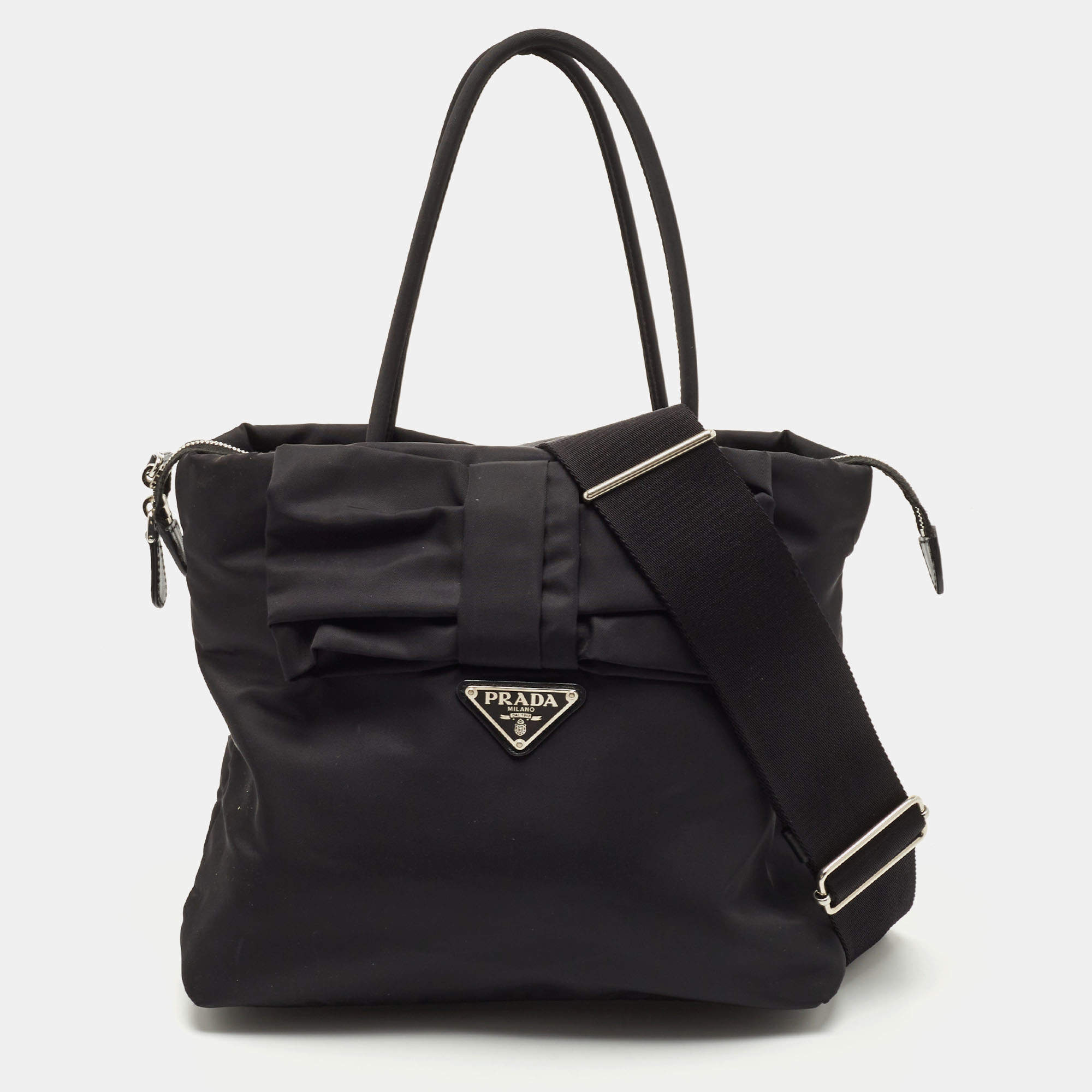 مملوكة مسبقًا Prada Black Tessuto Nylon Bow Tote