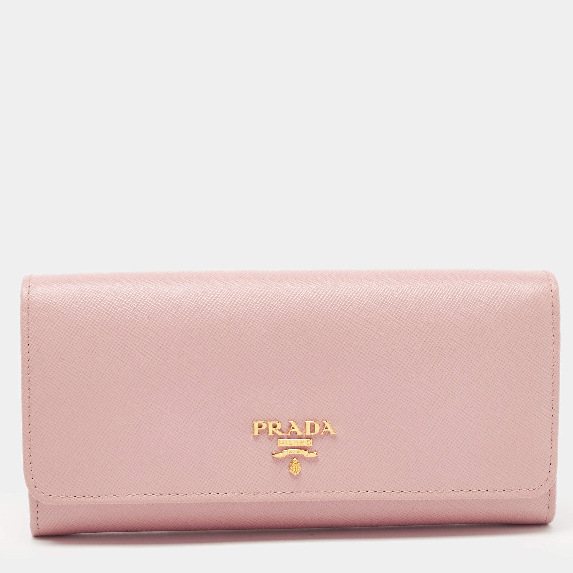 Prada Light Pink Saffiano Leather Logo Flap Continental Wallet