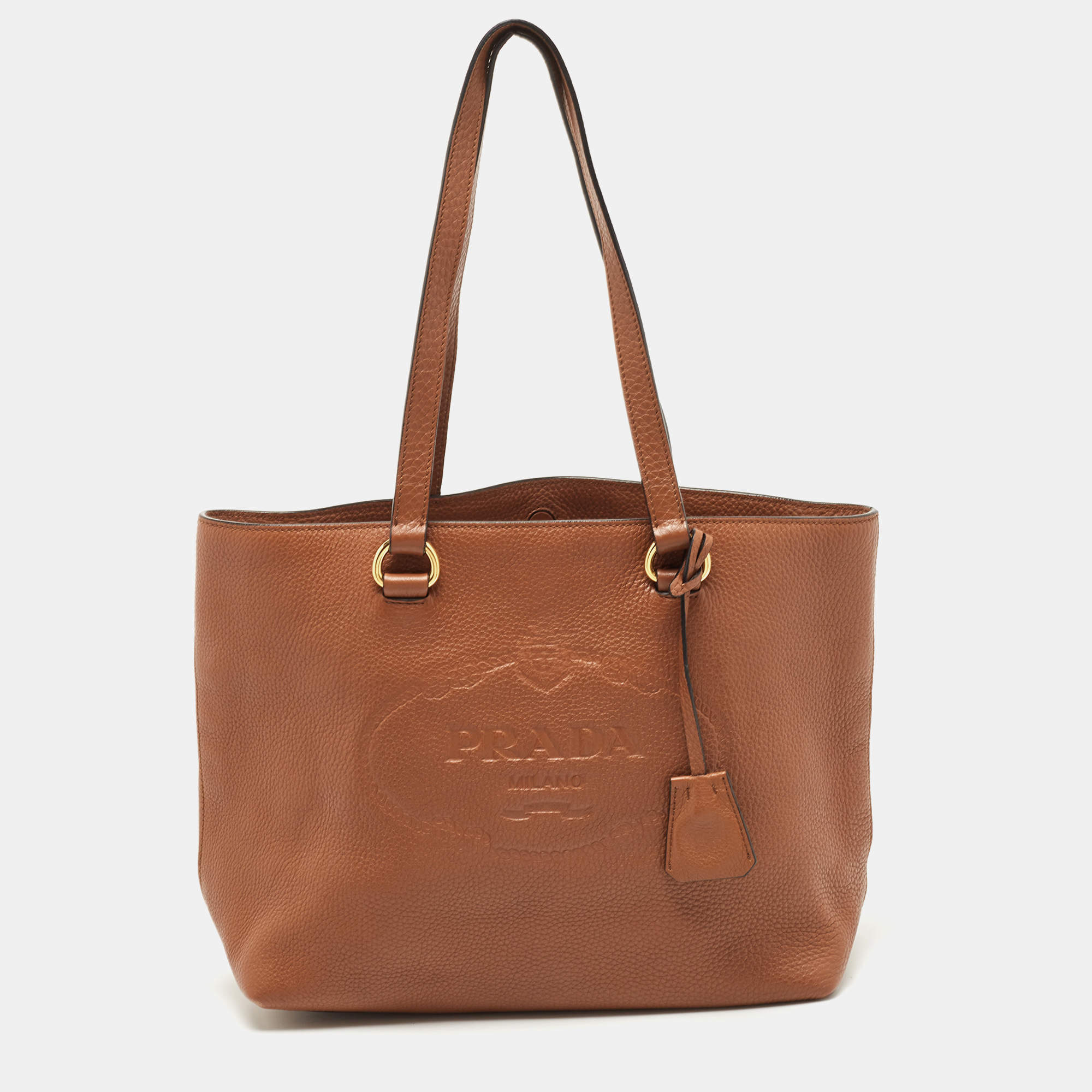 Pre Owned Prada Brown Vitello Danio Leather Logo Embossed Tote