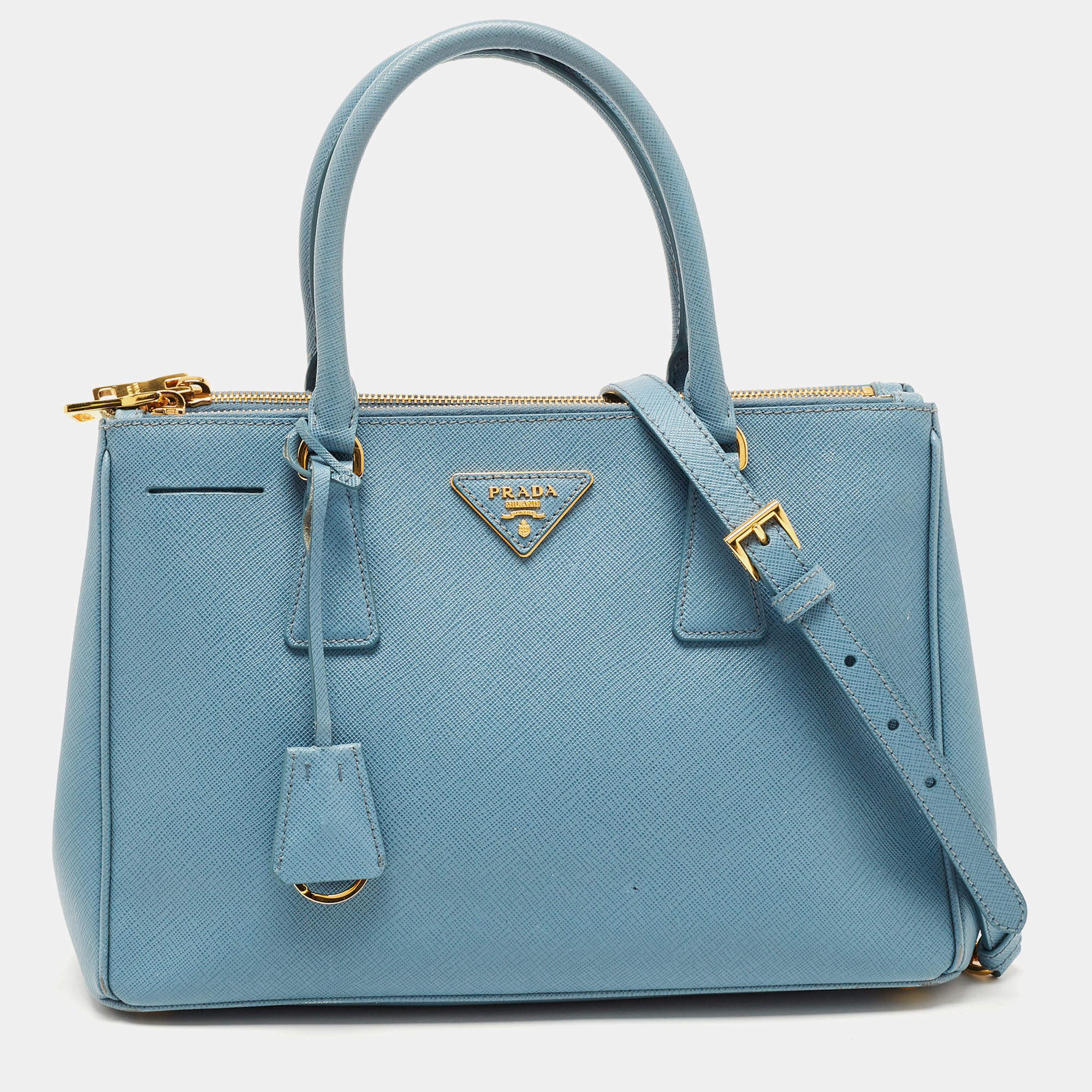 Pre Owned Prada Blue Saffiano Lux Leather Small Double Zip Tote