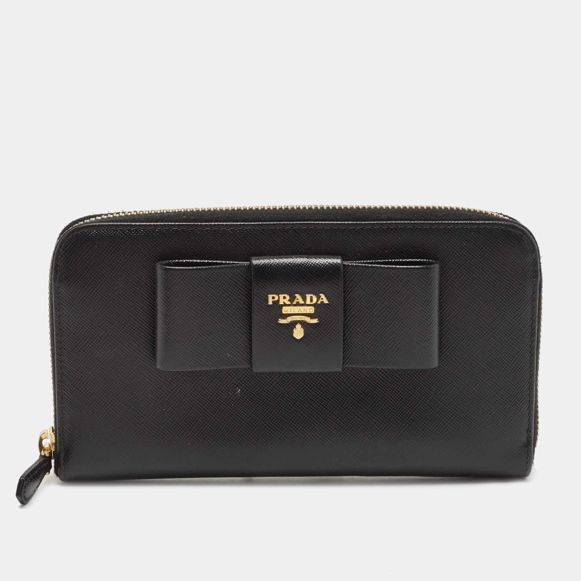 Pre Owned Prada Black Saffiano Metal Leather Bow Zip Around Wallet