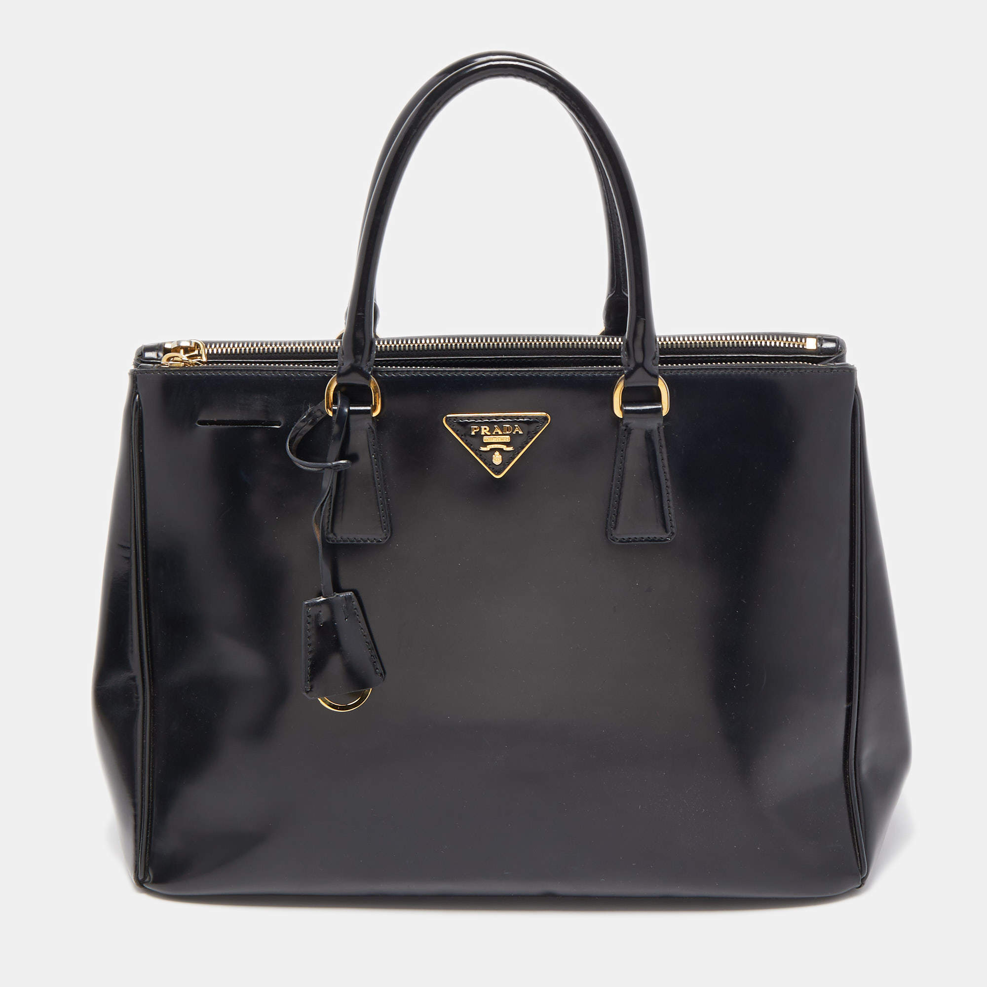 Pre Owned Prada Black Glossy Leather Large Galleria Double Zip Tote