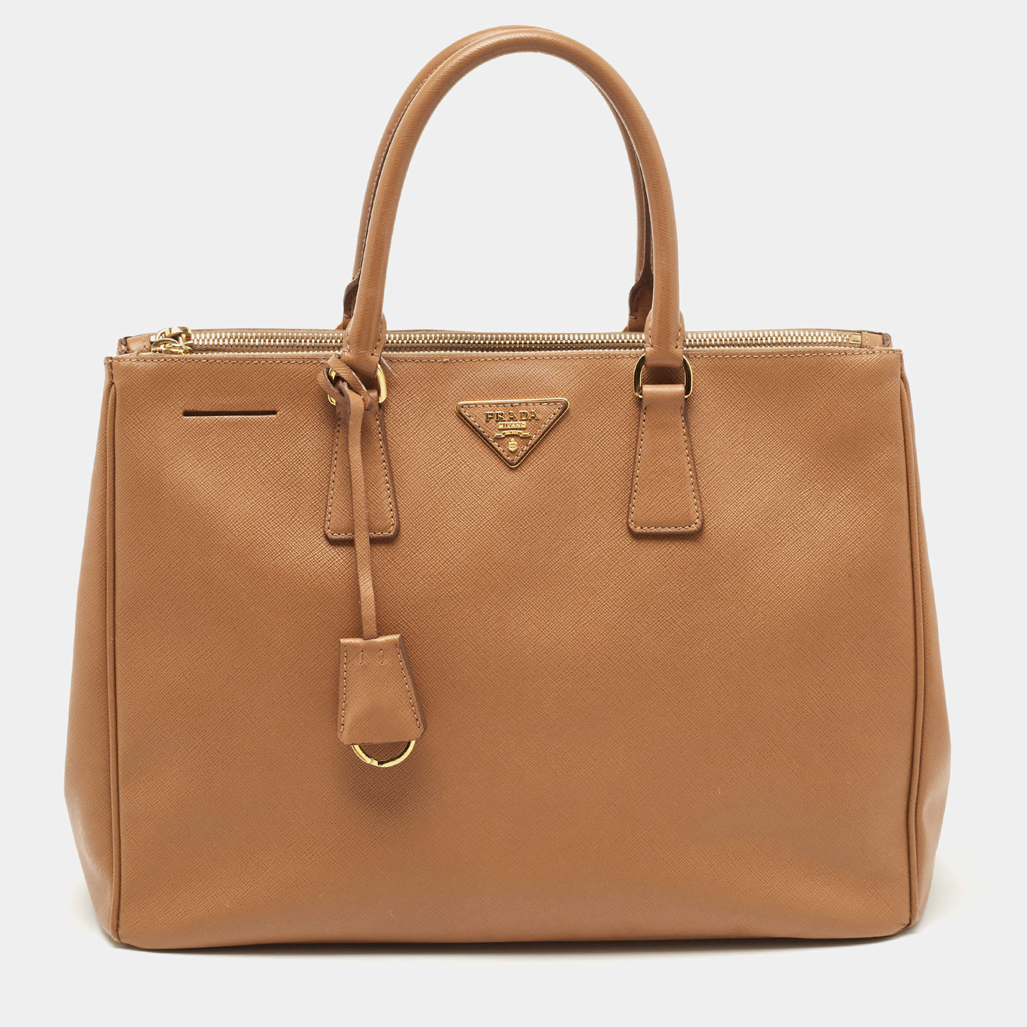 Pre Owned Prada Tan Saffiano Leather Medium Galleria Double Zip Tote