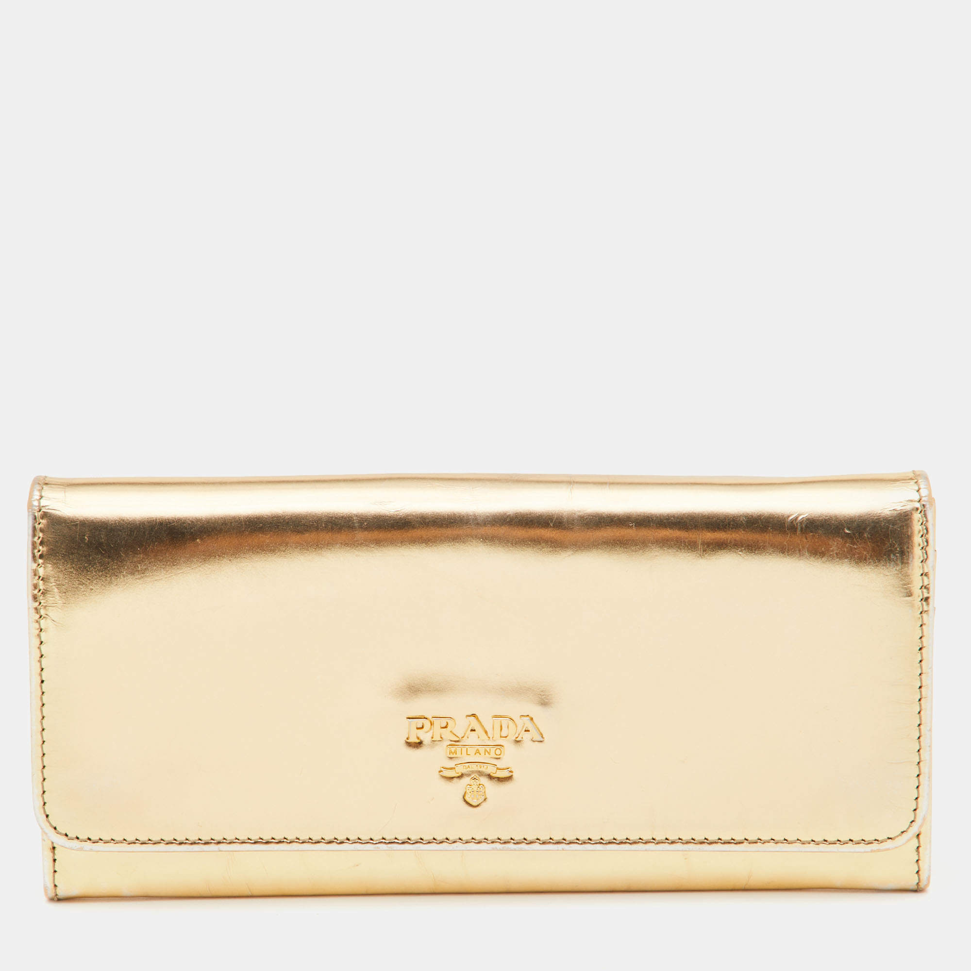 Prada Gold Patent Leather Flap Continental Wallet