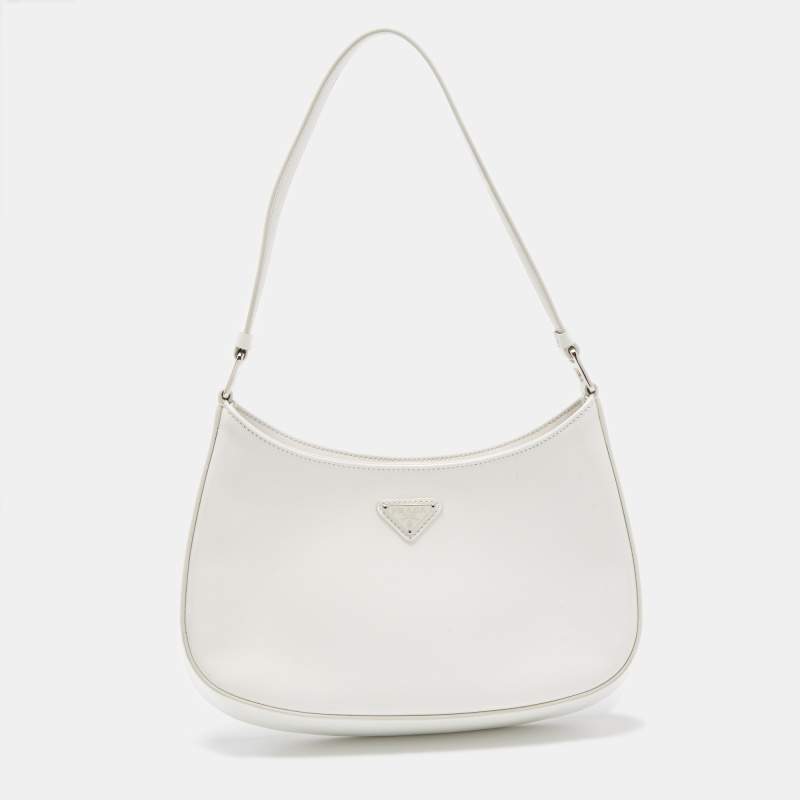 Prada Cleo Shoulder Bag Silver in Brushed Leather with Silver-tone