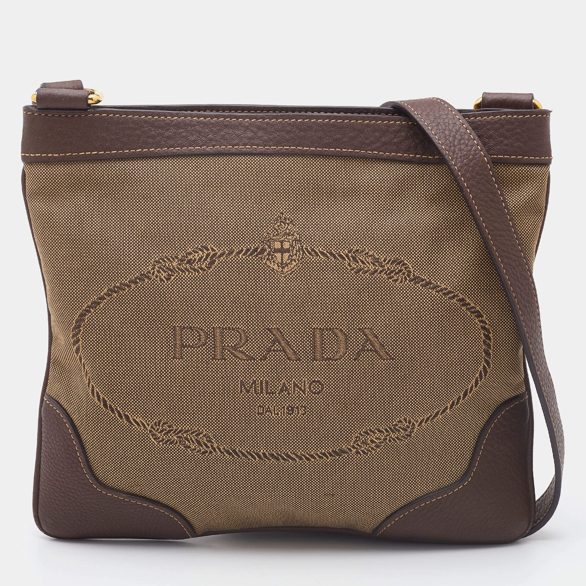 Prada Brown/Beige Logo Jacquard Canvas and Leather Messenger Bag