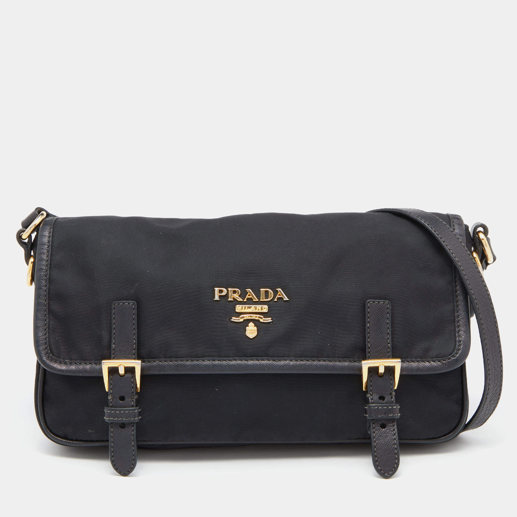 Pre Owned Prada Black Nylon and Leather Flap Crossbody Bag 