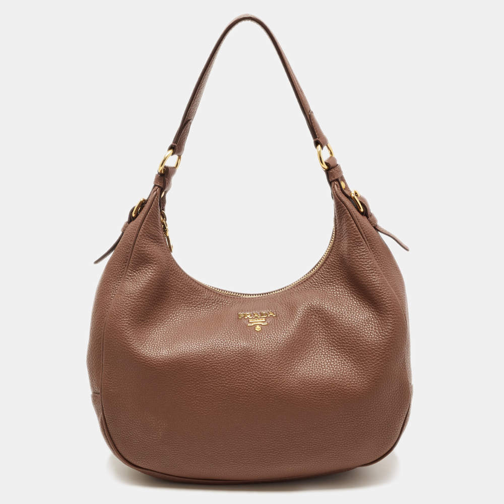 Prada Brown Vitello Danio Leather Zip Hobo