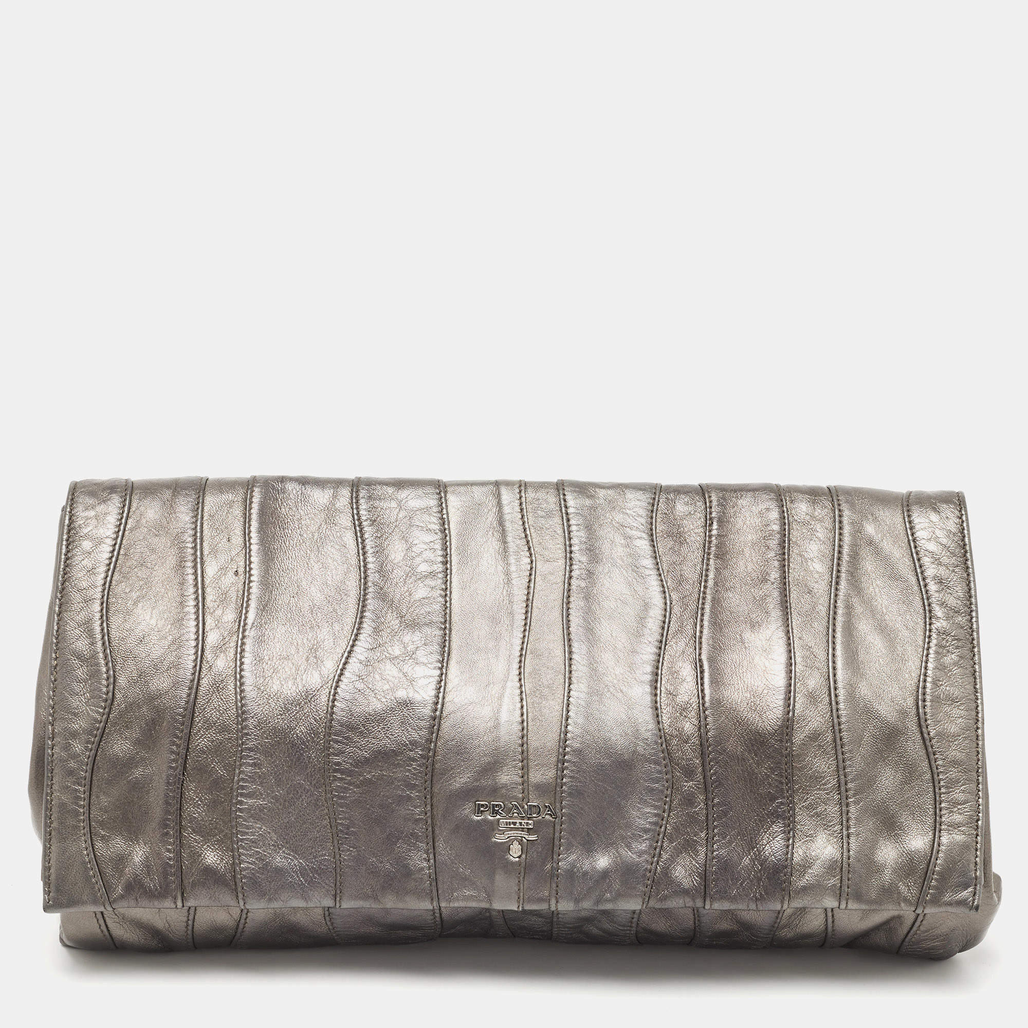 Prada Metallic Dark Grey Wave Leather Oversized Clutch