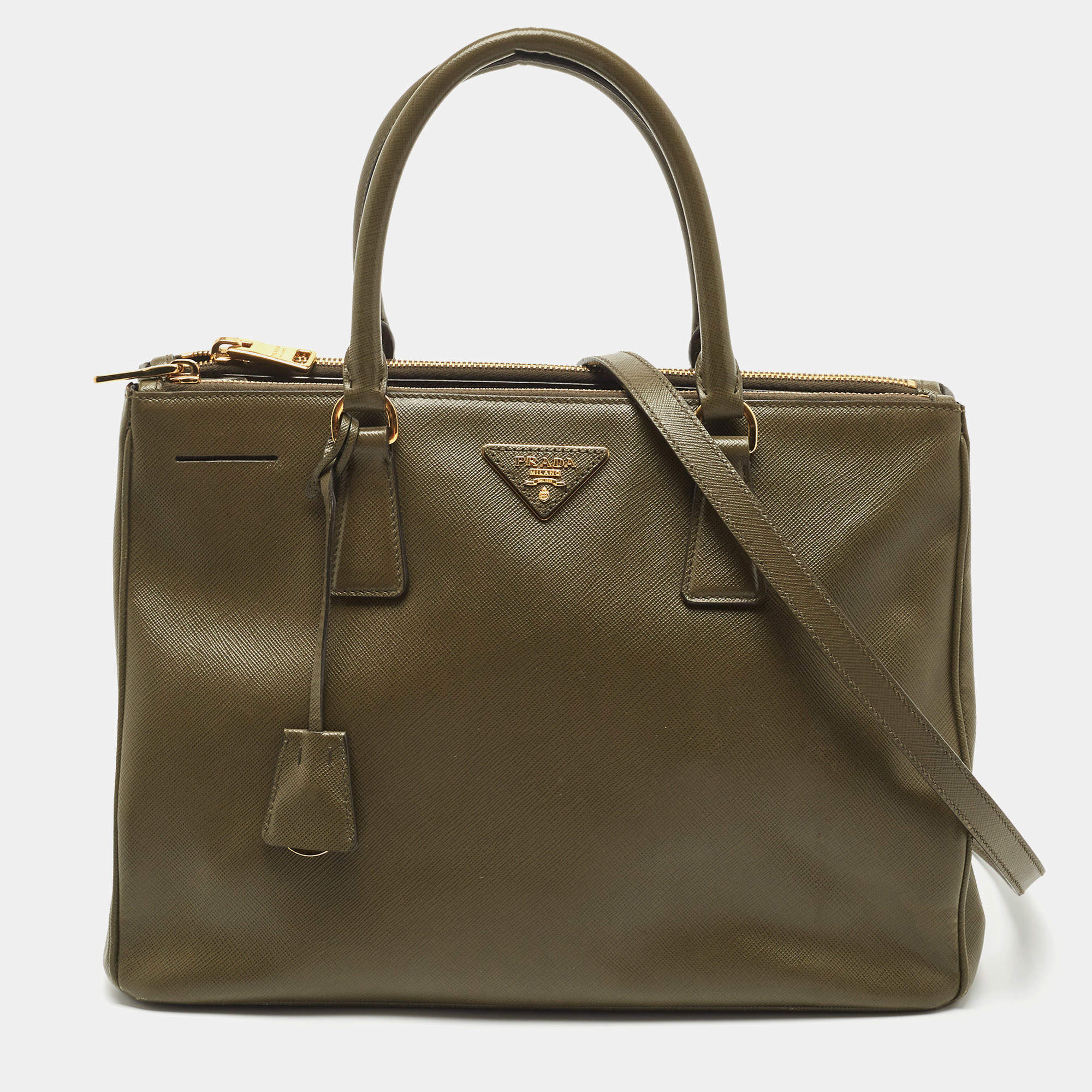 Pre Owned Prada Olive Green Saffiano Leather Medium Double Zip Tote